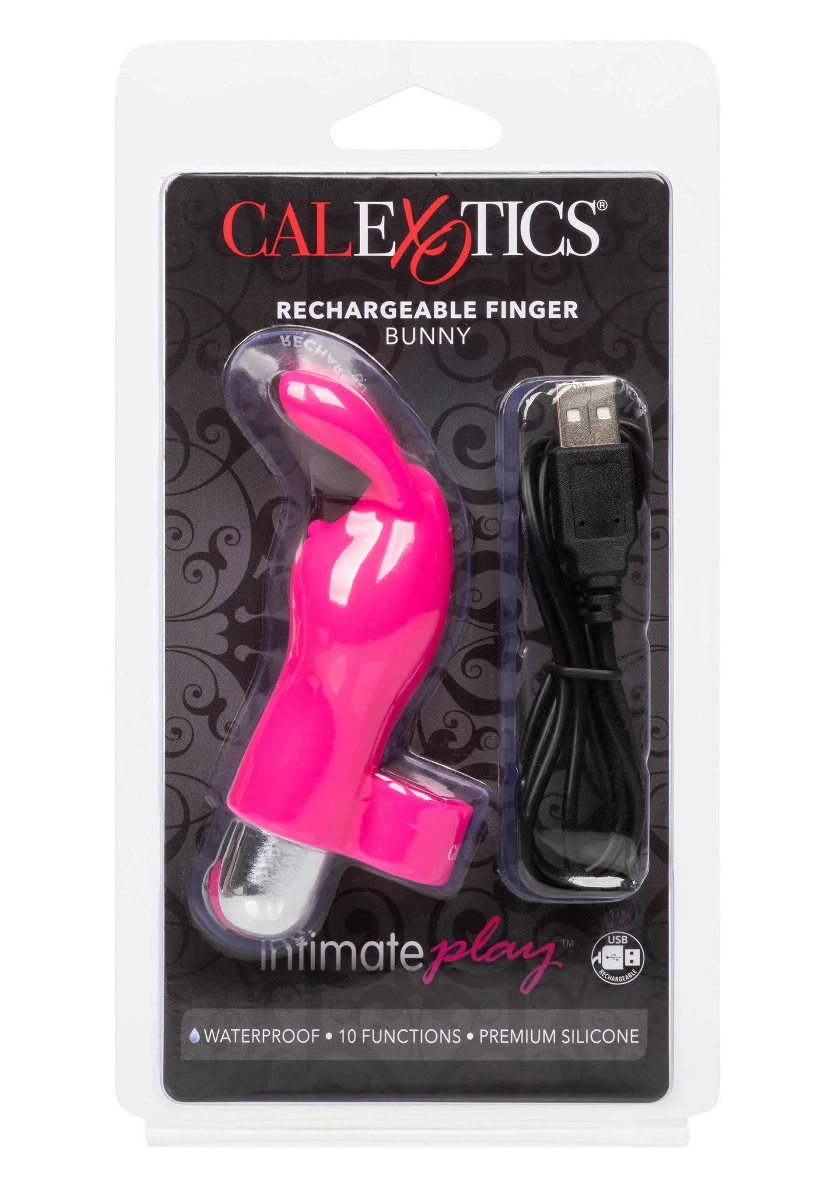 CalExotics blisterverpakking met roze herlaadbare vingerbunny vibrator en USB-kabel