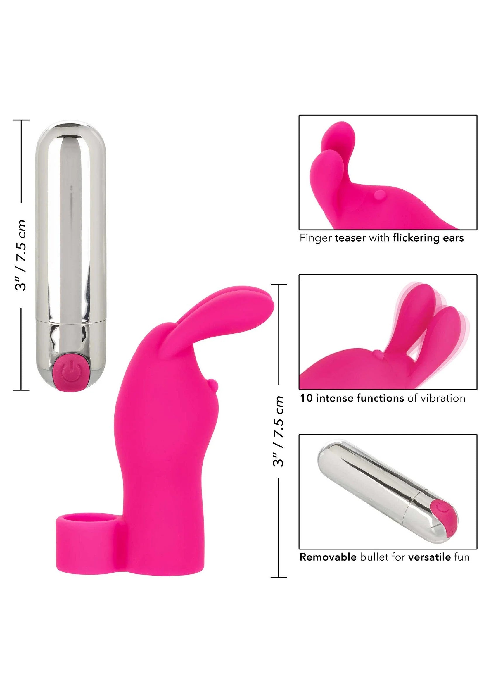 Oplaadbare vingervibrator in felroze konijnenstand, siliconen kop en knop
