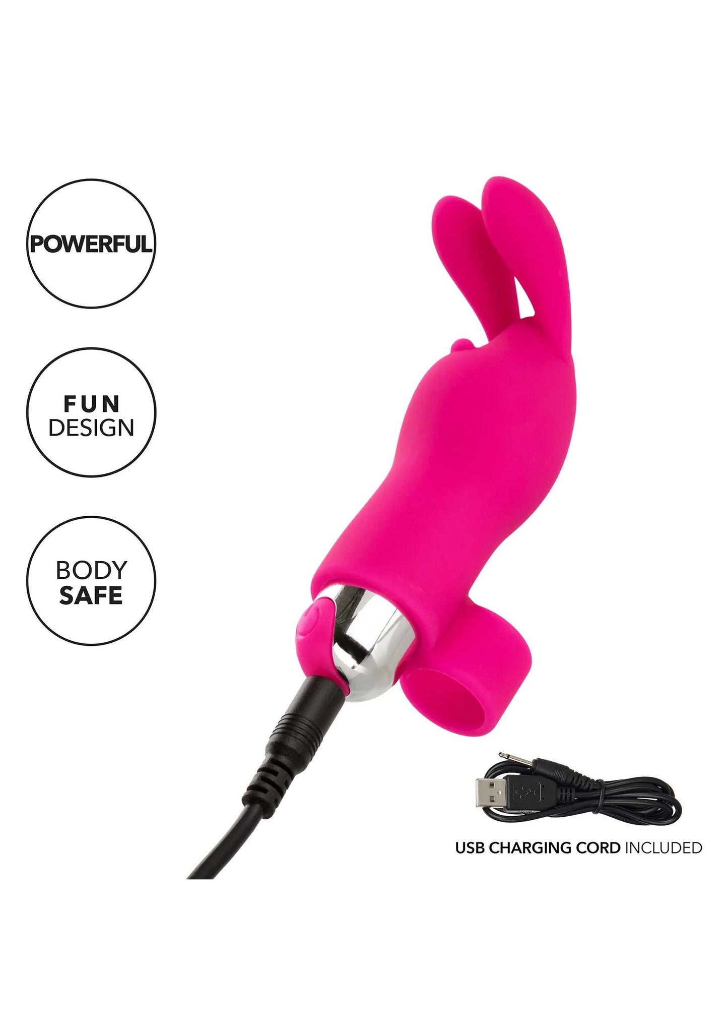 Felroze konijnenvingervibrator met USB-oplaadsnoer en metalen oplaadpunt