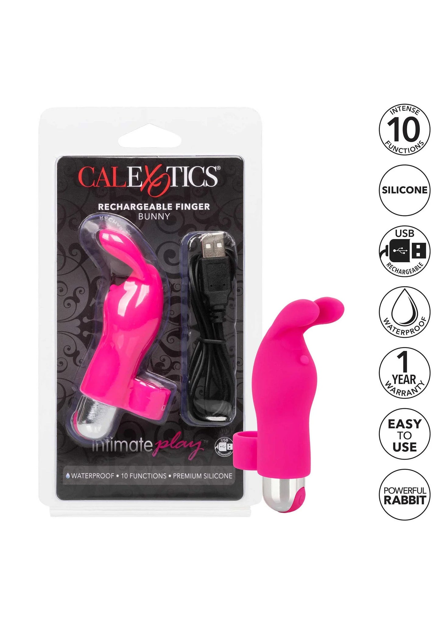 Felroze oplaadbare konijnenvingervibrator met opzetstuk en USB-laadkabel