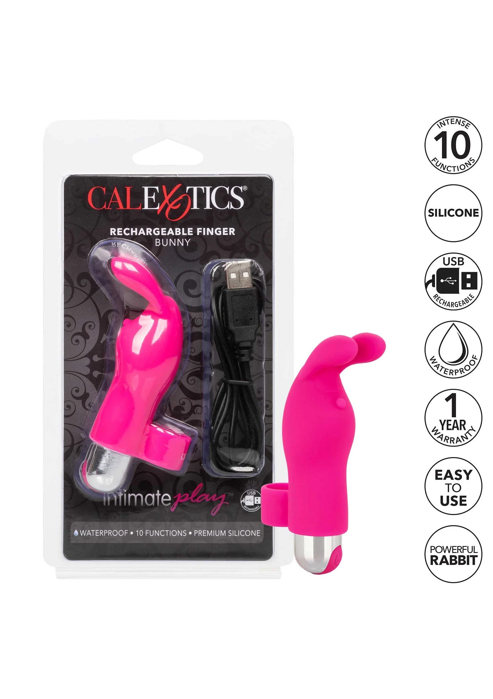 Felroze oplaadbare konijnenvingervibrator met opzetstuk en USB-laadkabel