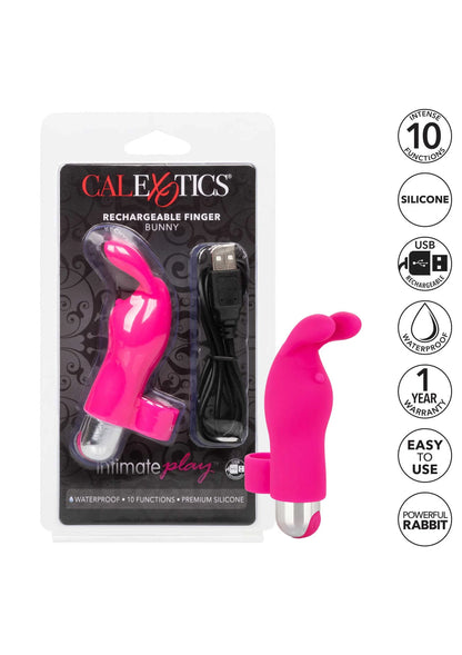 Felroze oplaadbare konijnenvingervibrator met opzetstuk en USB-laadkabel