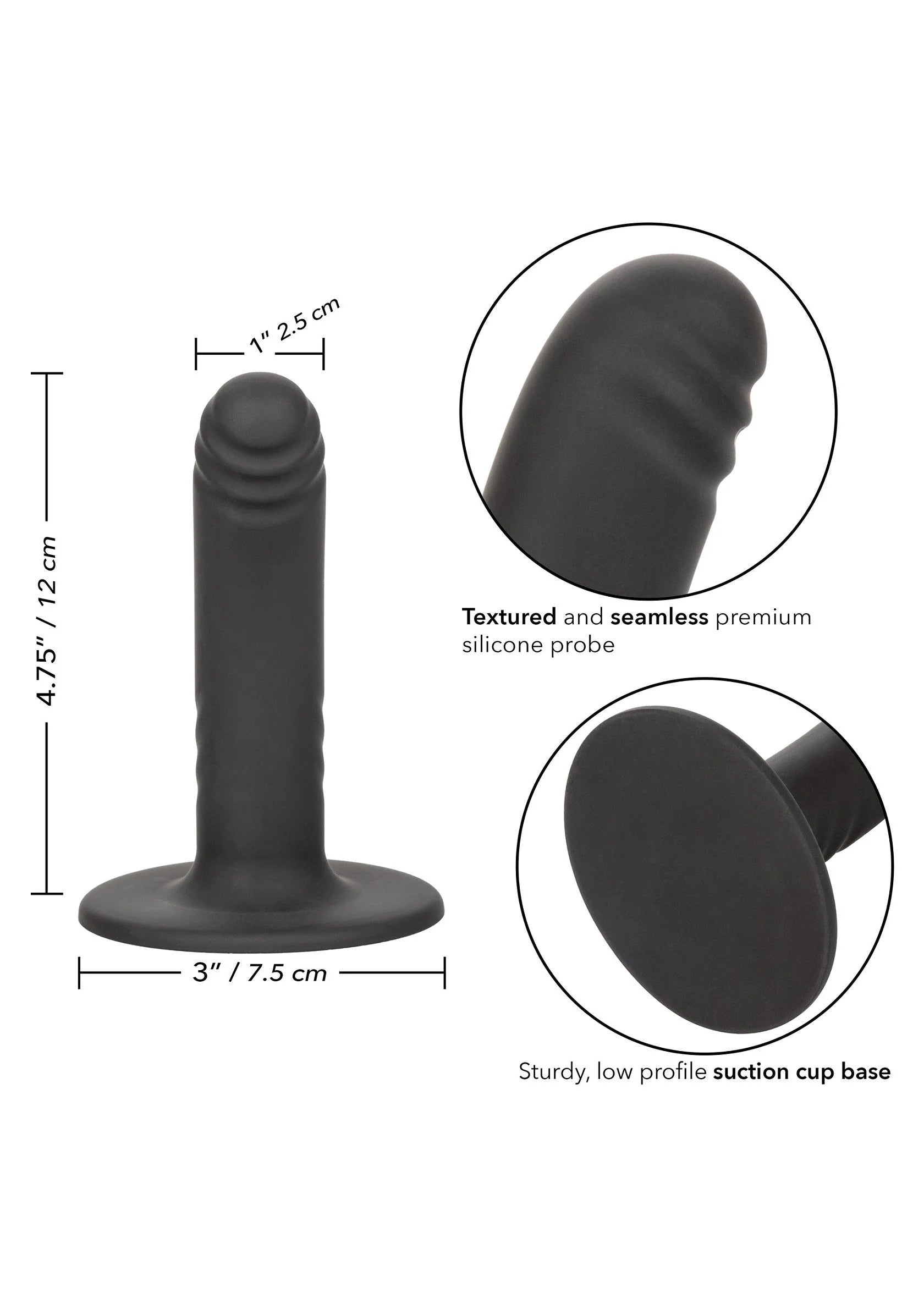 Zwarte buttplug met zuignapvoet; diagram met afmetingen en detail