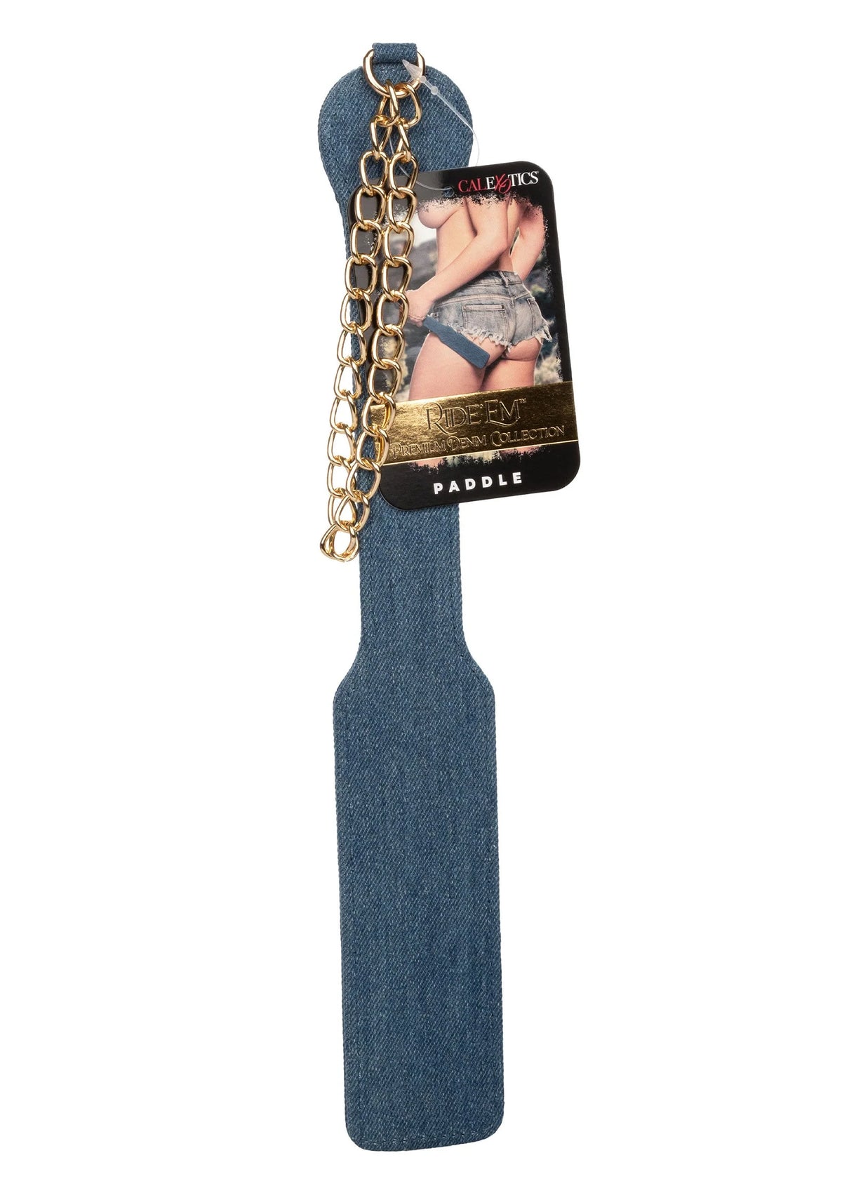 Denim paddle met gouden ketting en zwart CalExotics-kaartje op de klem