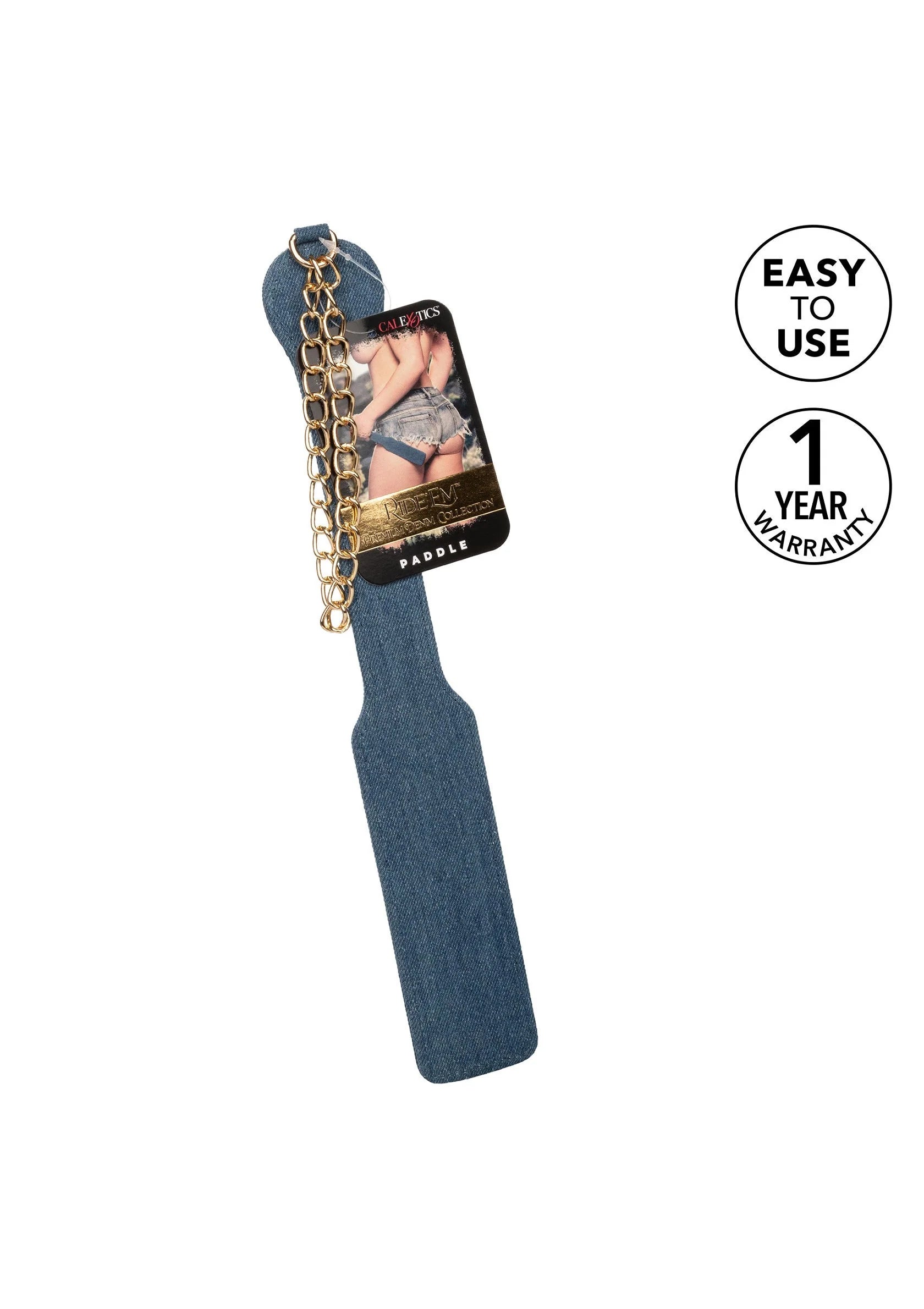 Denim spanklap met kettingriem, hangend aan pols