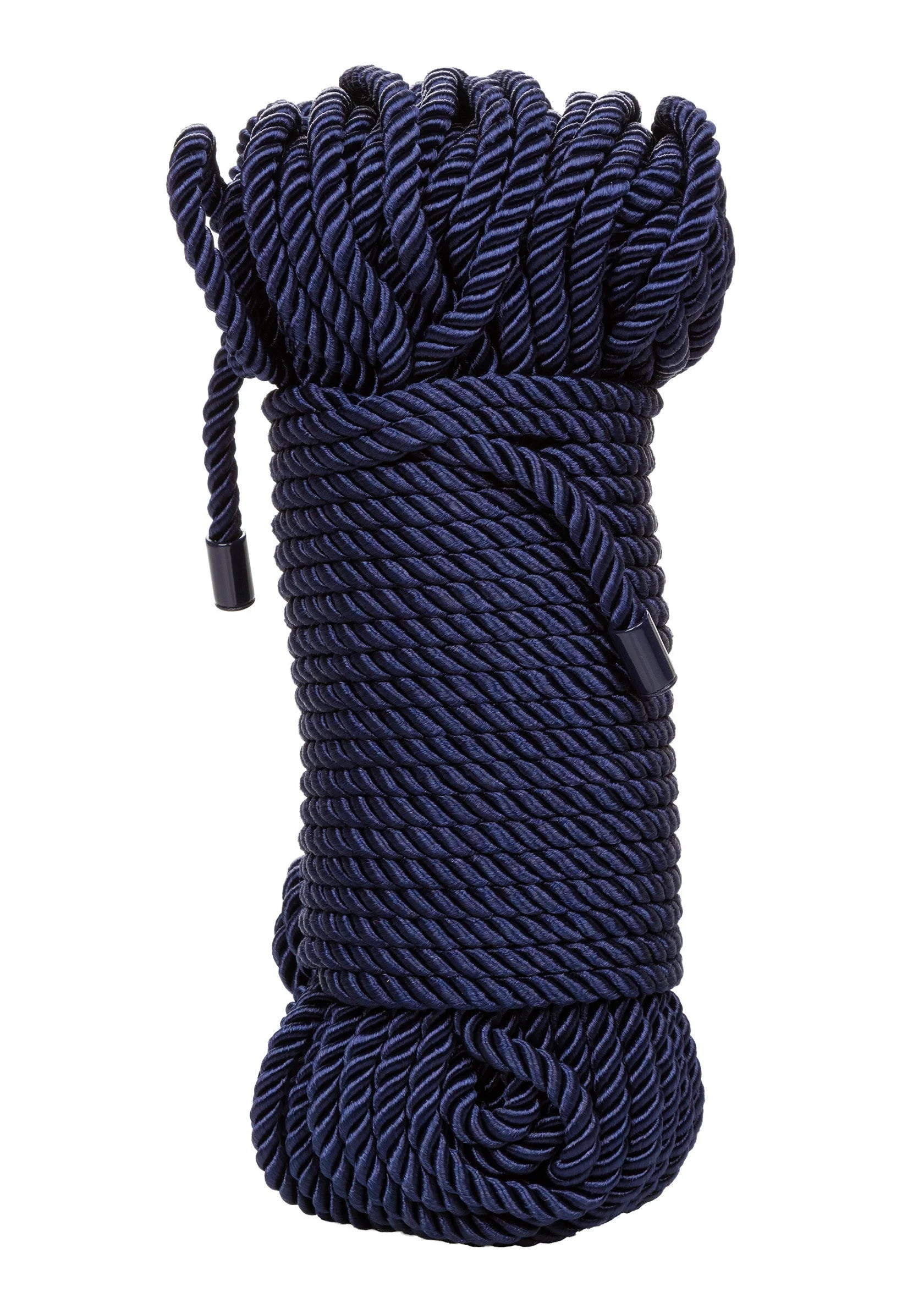 Donkerblauw gevlochten touw opgerold, met brede bundel en gedetailleerde wikkeling