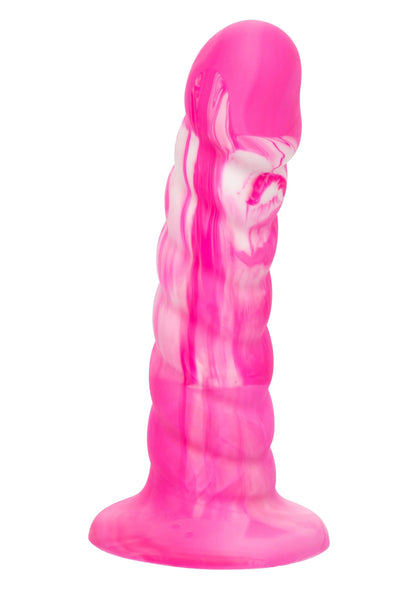 Roze twisted ribbed probe met zuignapbasis, vloeibare siliconen.