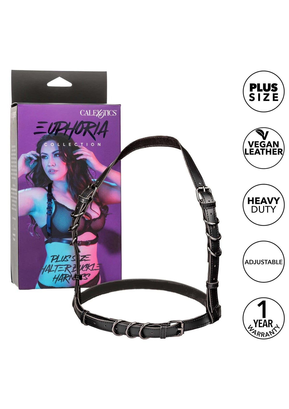 Euphoria plus size halterharnas in zwart met gesp en ringen, verstelbaar
