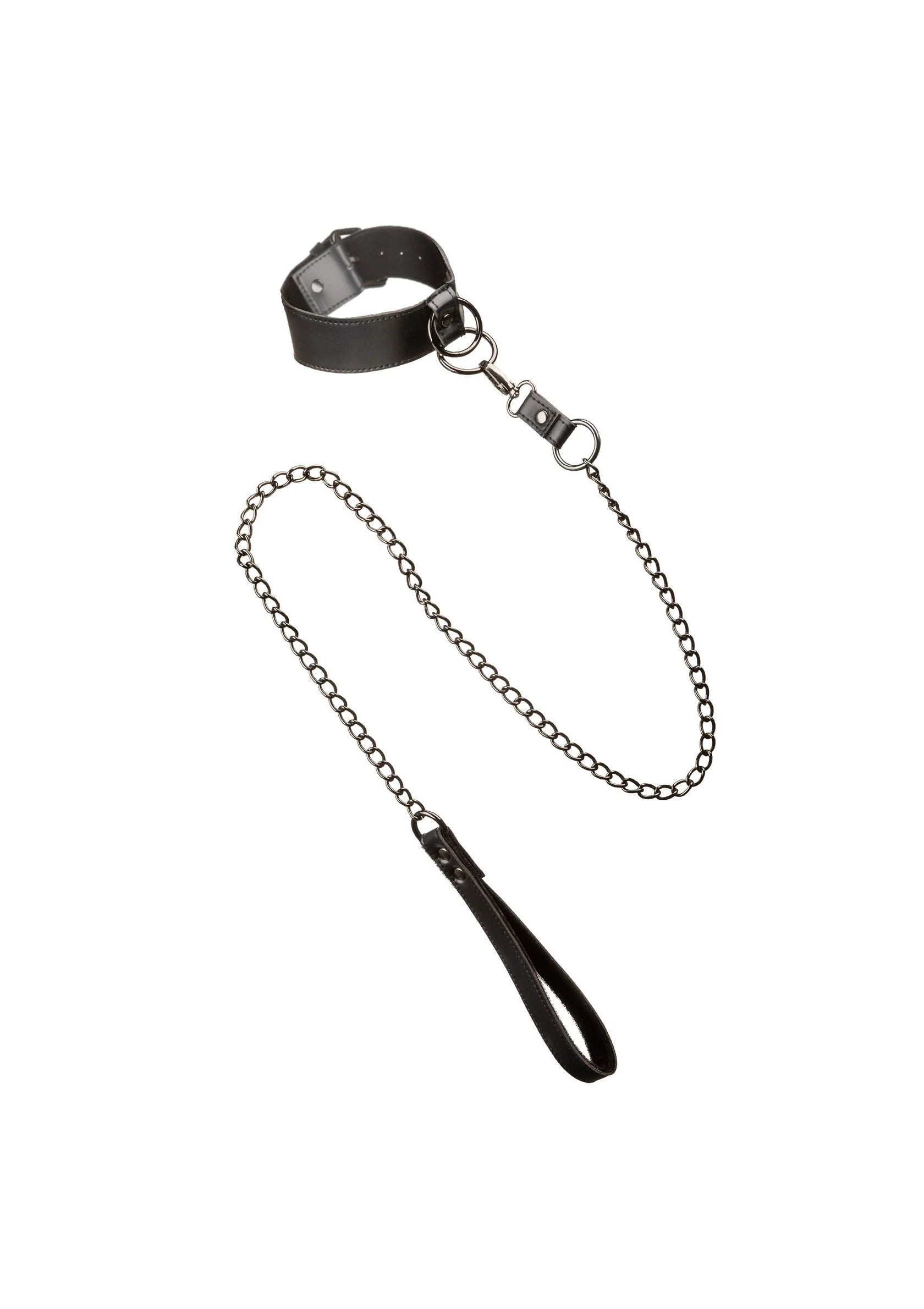 Zwarte halsband met kettingleiband en handlus, los op een rij