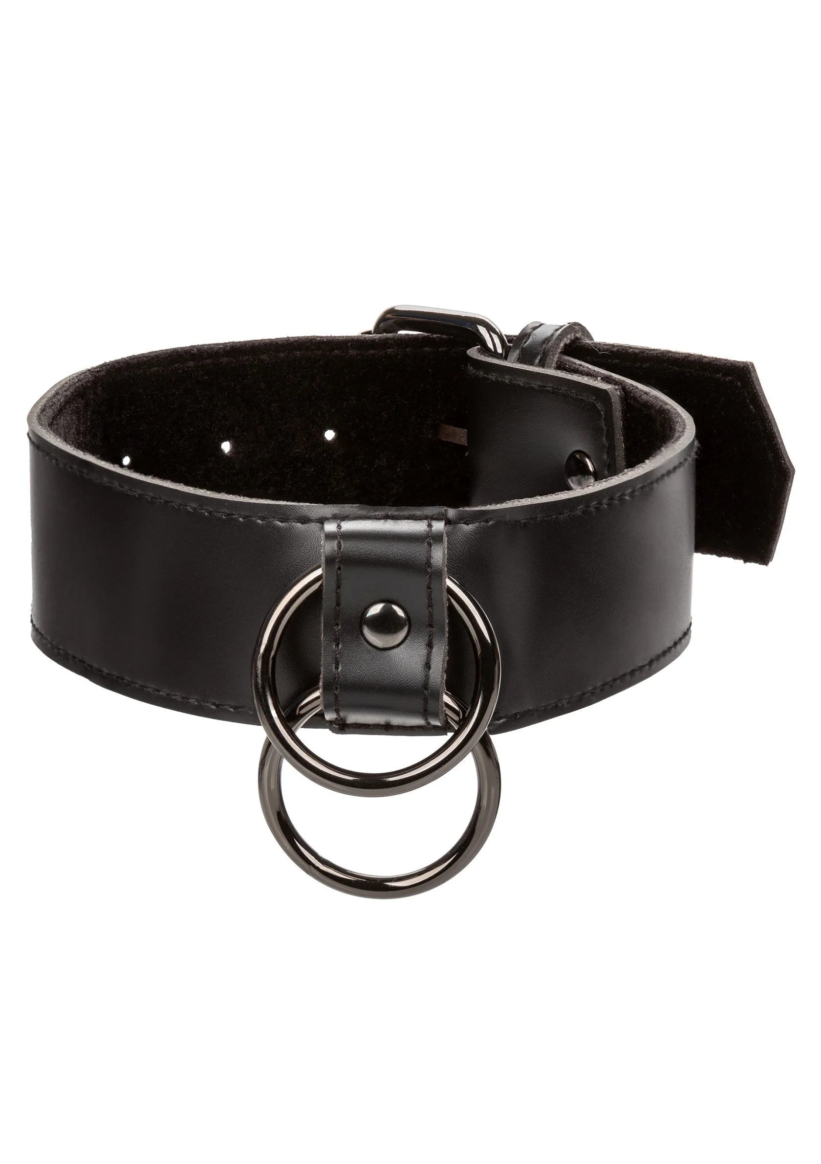 Zwarte halsband van vegan leer met metalen D-ring en verstelgesp