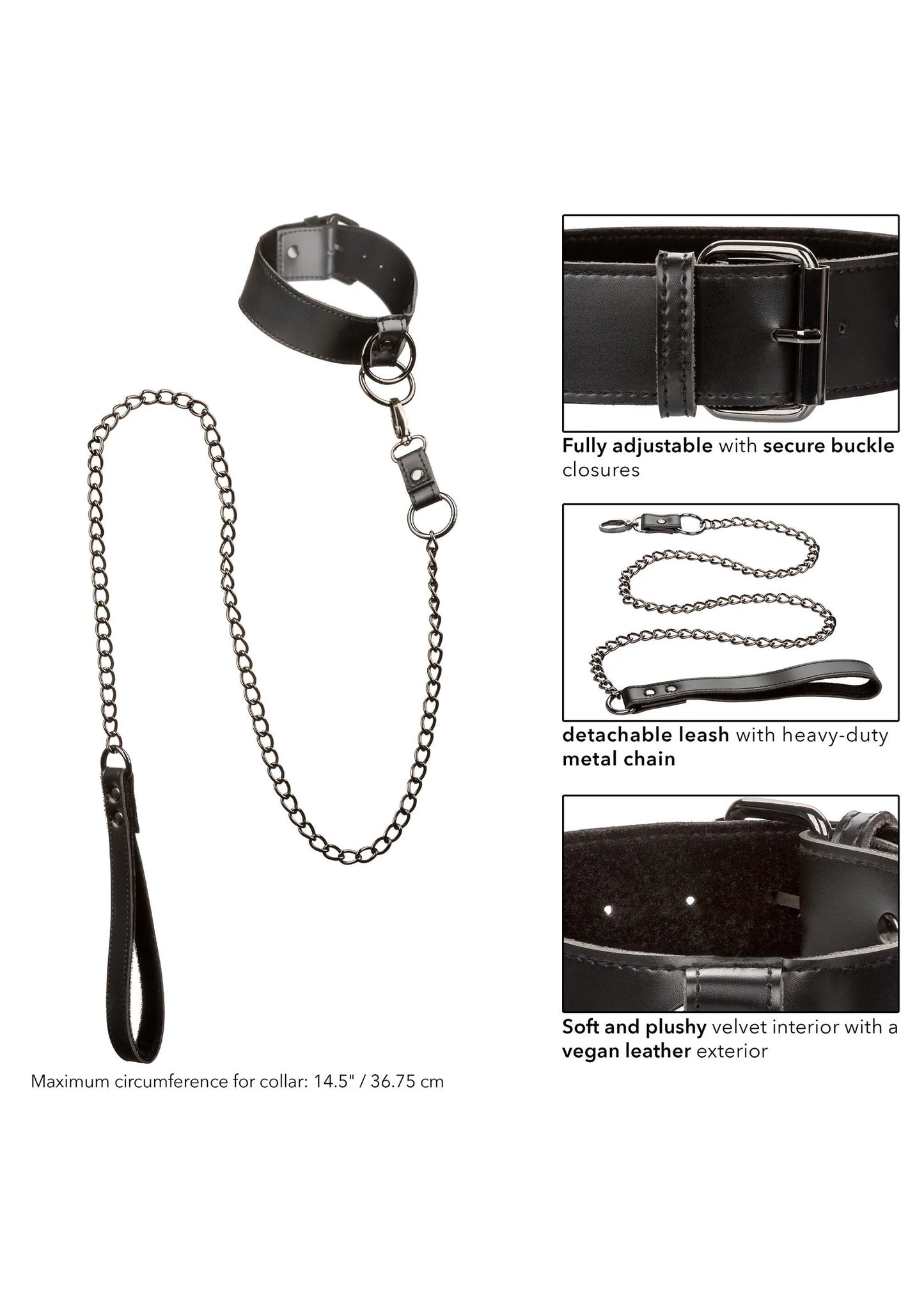 Zwarte halsband met kettingleash en metalen karabijnhaken, met luxe lederen lus