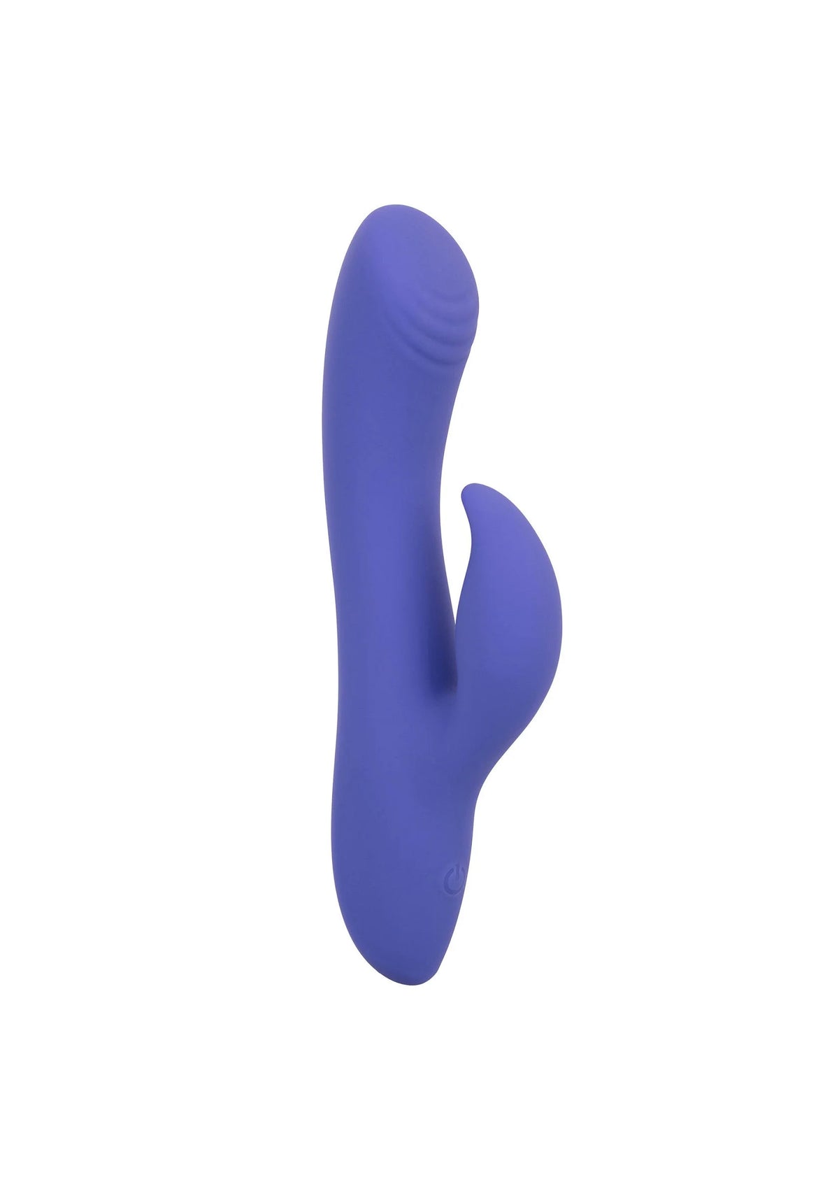 Blauwe siliconen duo-vibrator met V-vormige inkeping en afgeronde uiteinden.
