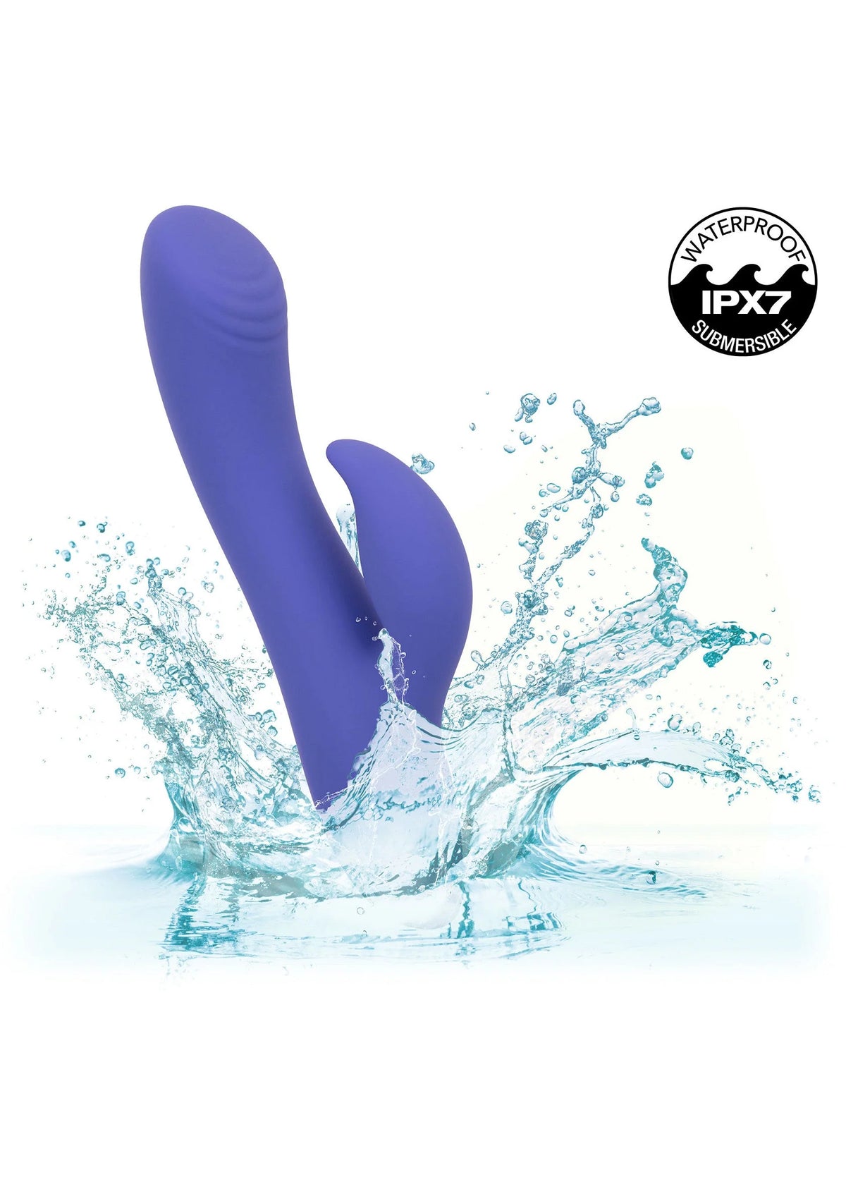 Blauwe siliconen duo-vibrator met waterdichtheids-icoon (IPX7) op beeld.