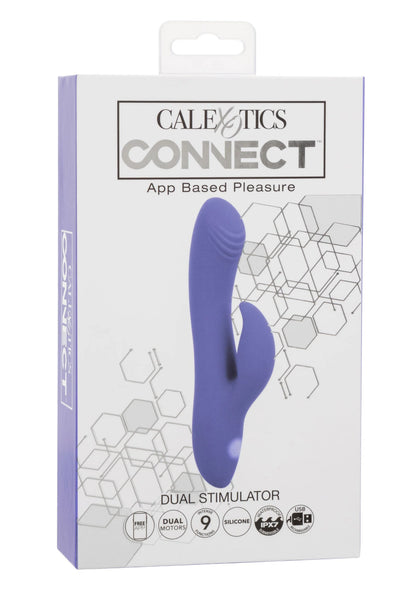 Verpakte CalExotics CONNECT dual stimulator met blauwe siliconen vibrator in doos.