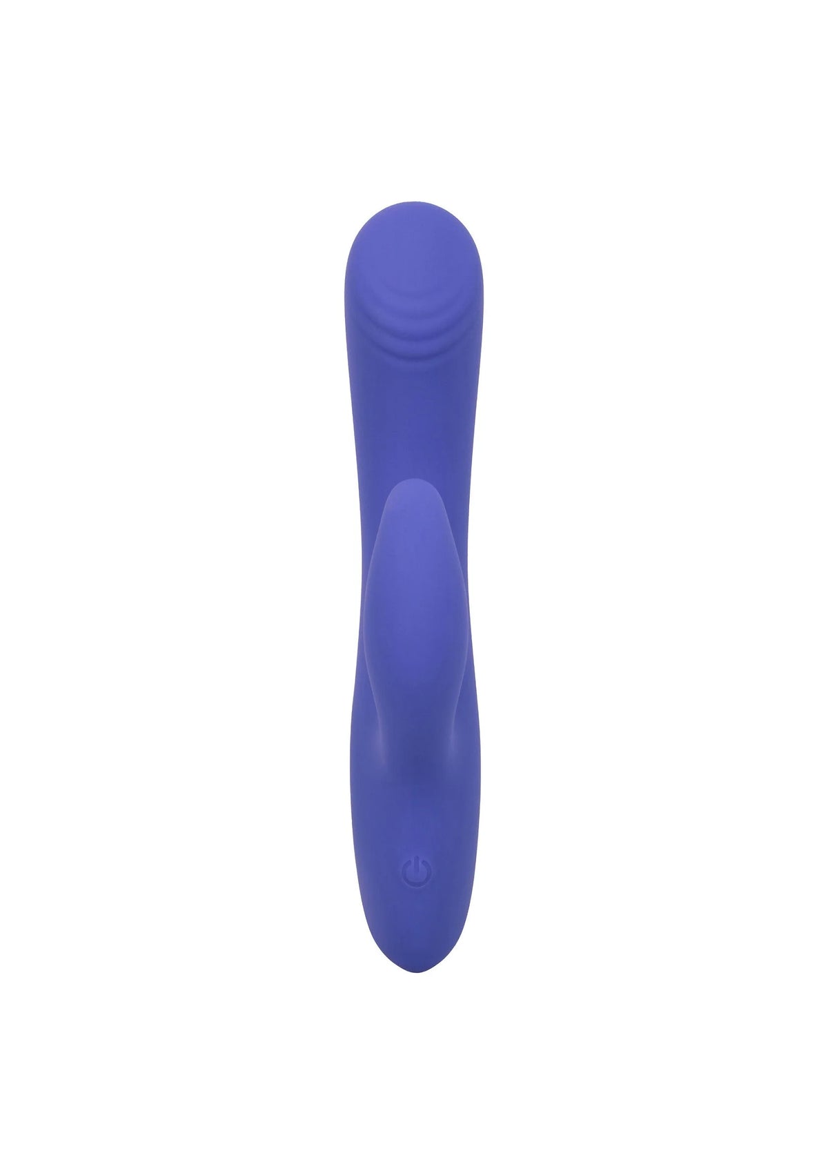Blauwe siliconen duo-vibrator, verticale stand met afgeronde, taps toelopende uiteinden.
