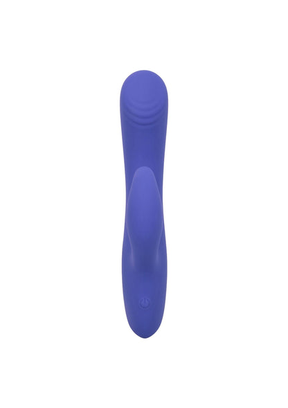 Blauwe siliconen duo-vibrator, verticale stand met afgeronde, taps toelopende uiteinden.