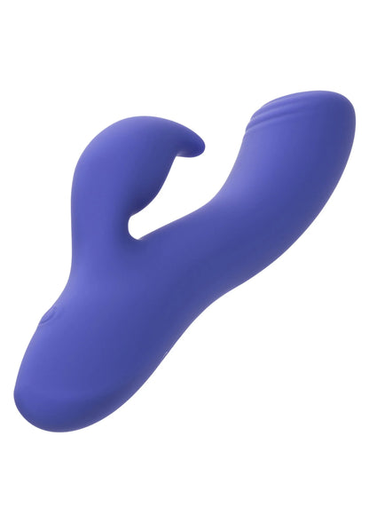 Blauwe siliconen duo-vibrator, lange gebogen vorm met opening in het hoofd.