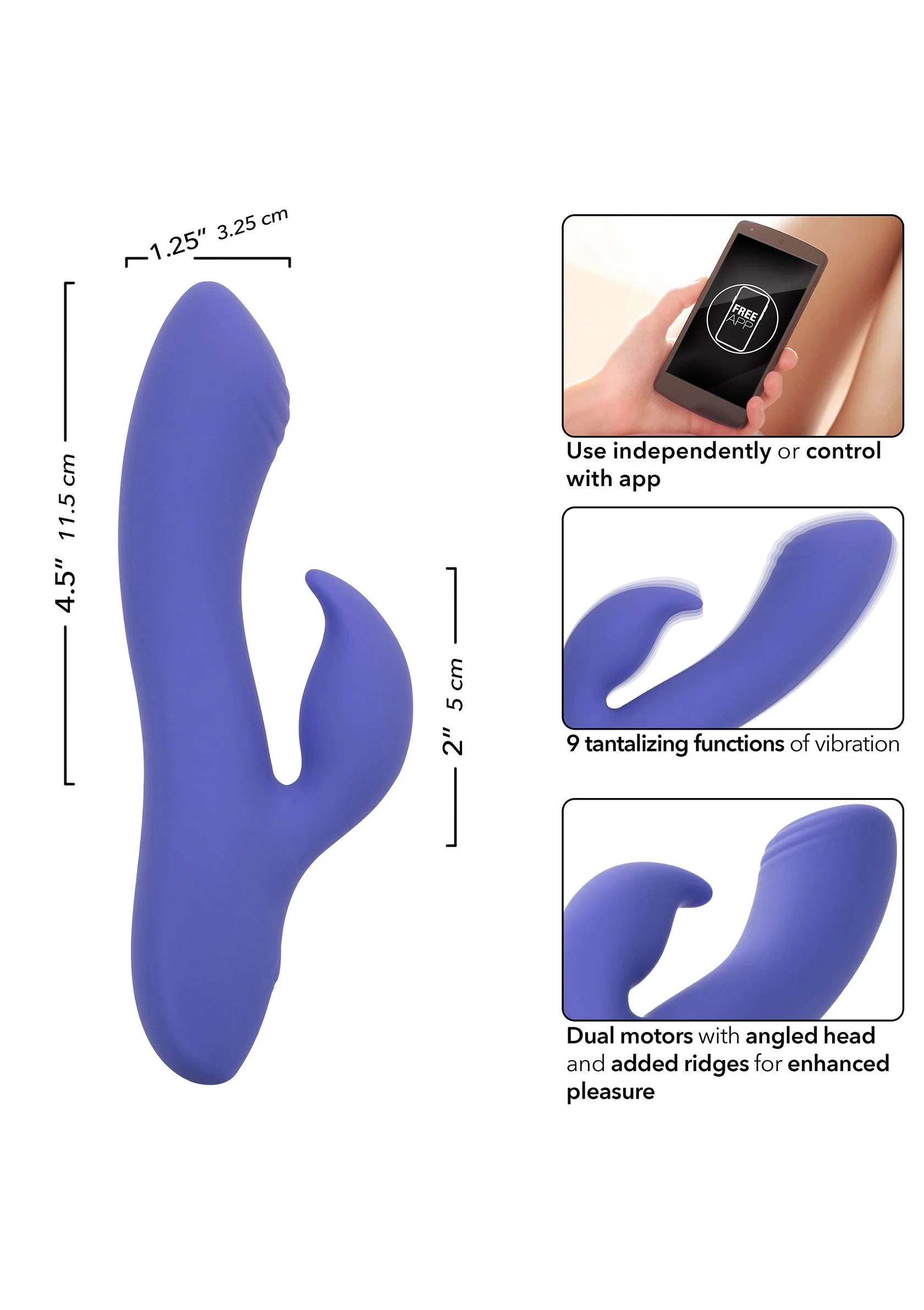 Blauwe siliconen duo-vibrator met afmetingen en twee motoren grafisch weergegeven.
