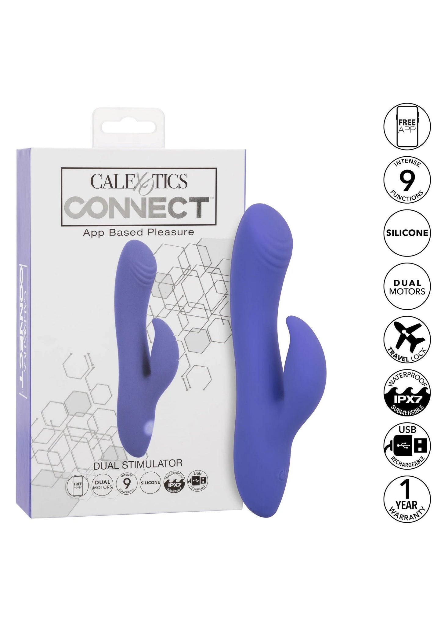 CalExotics CONNECT dual stimulator doos met twee armen en blauwe siliconen uitvoering.