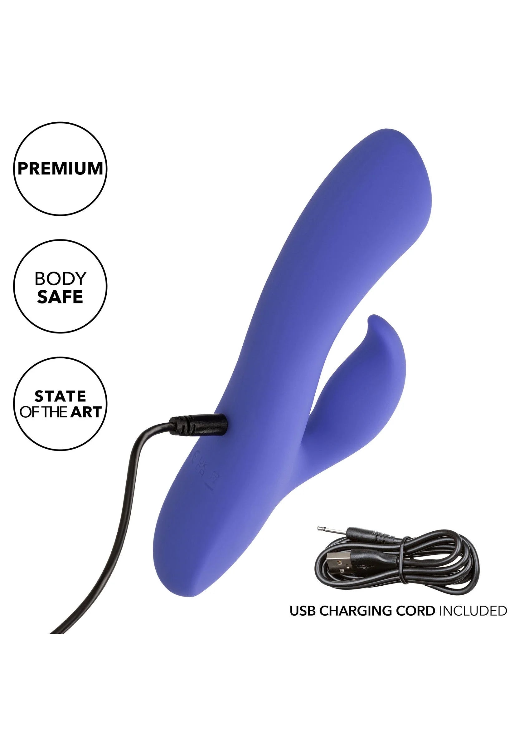 Blauwe siliconen duo-vibrator met USB-oplaadkabel, gebogen vorm met holte.