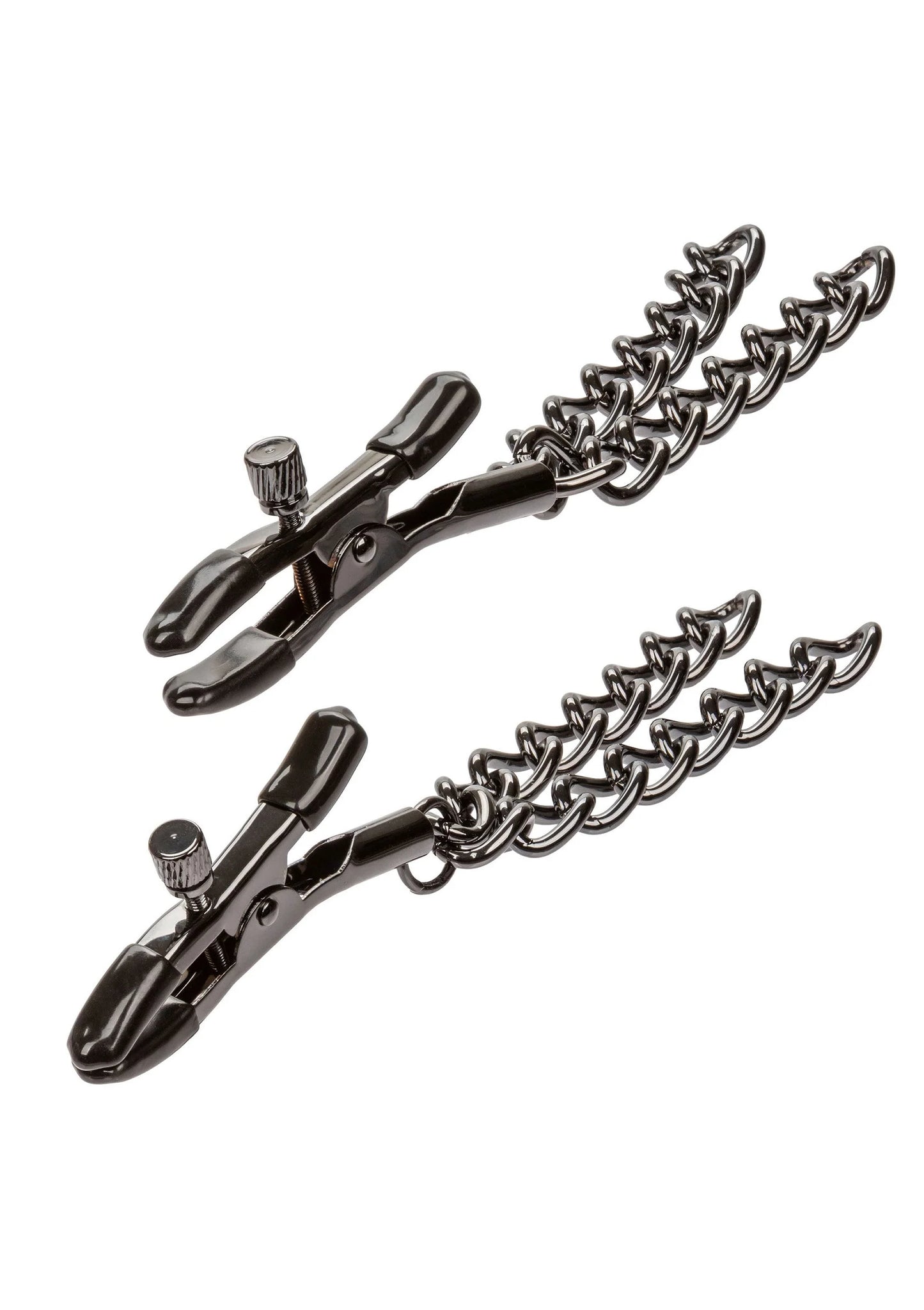 Zwarte ketting-borstklemmen met metalen schakels en verstelbare klemmen, close-up