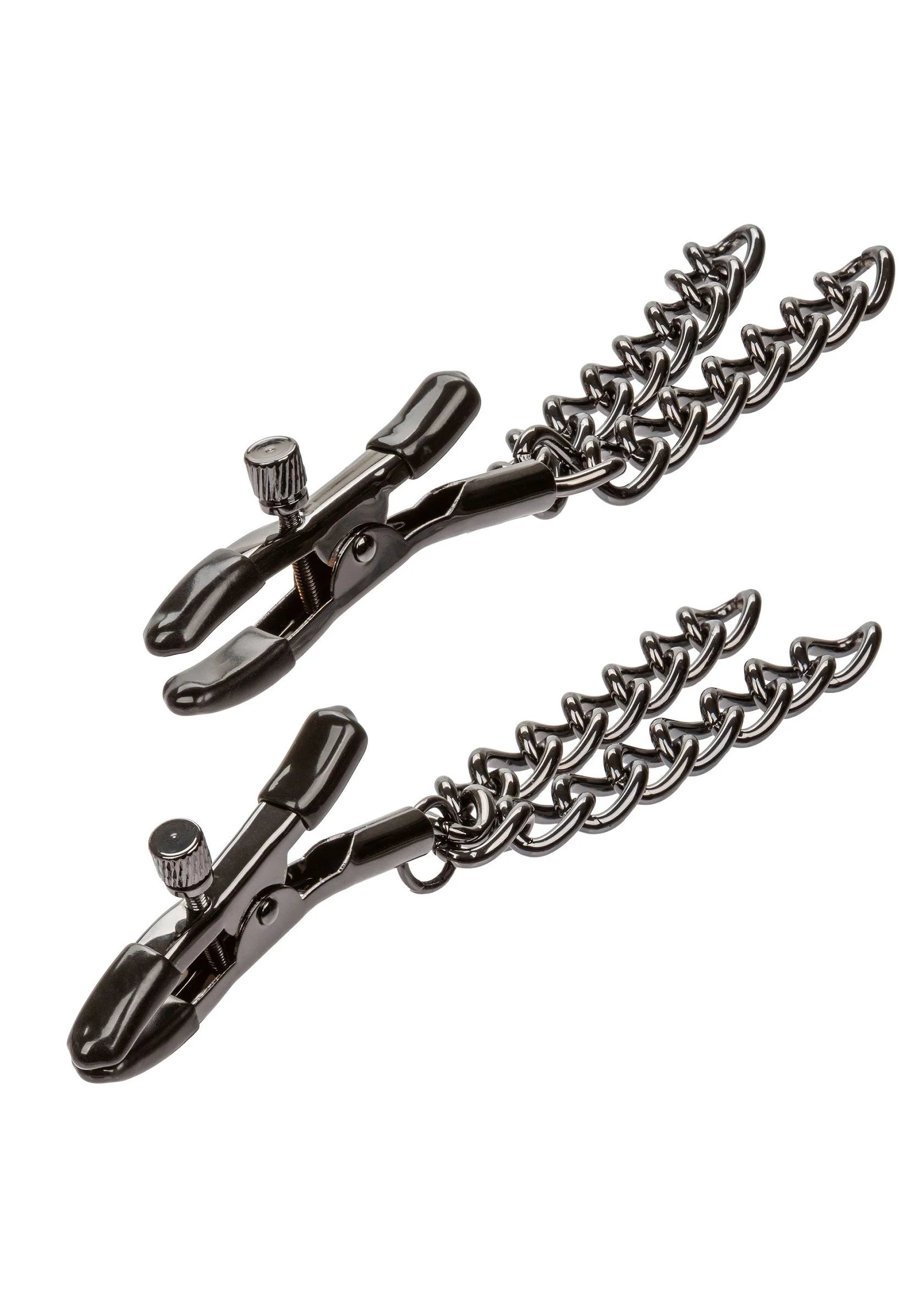 Zwarte ketting-borstklemmen met metalen schakels en verstelbare klemmen, close-up