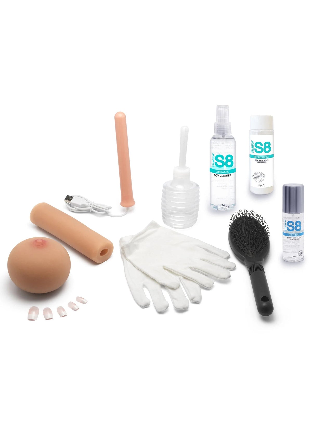 Onderhoudsset voor sekspop met handschoenen, flesjes en accessoires