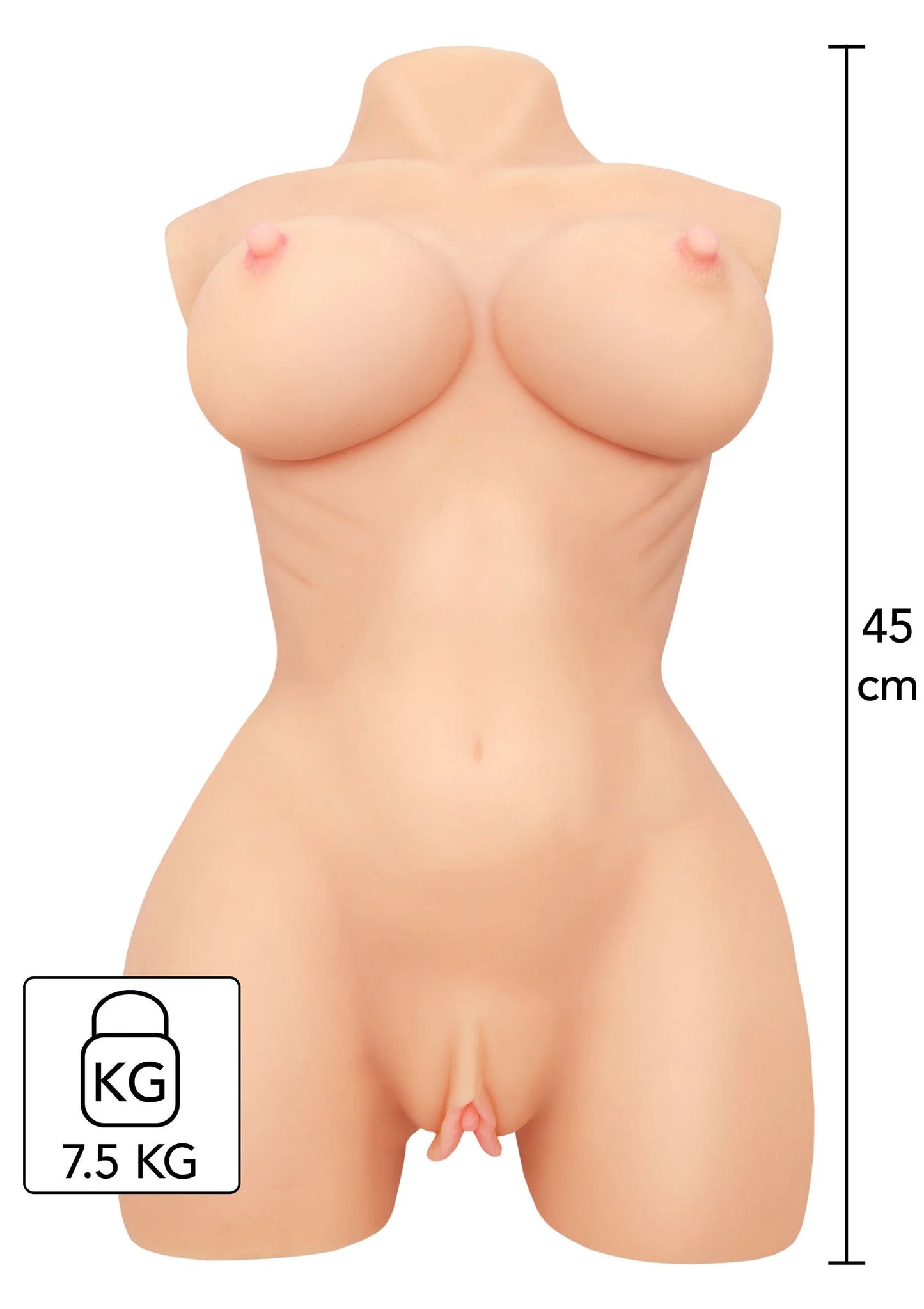 Naakte siliconen torso, frontaanzicht met 45 cm maataanduiding en 7,5 kg label
