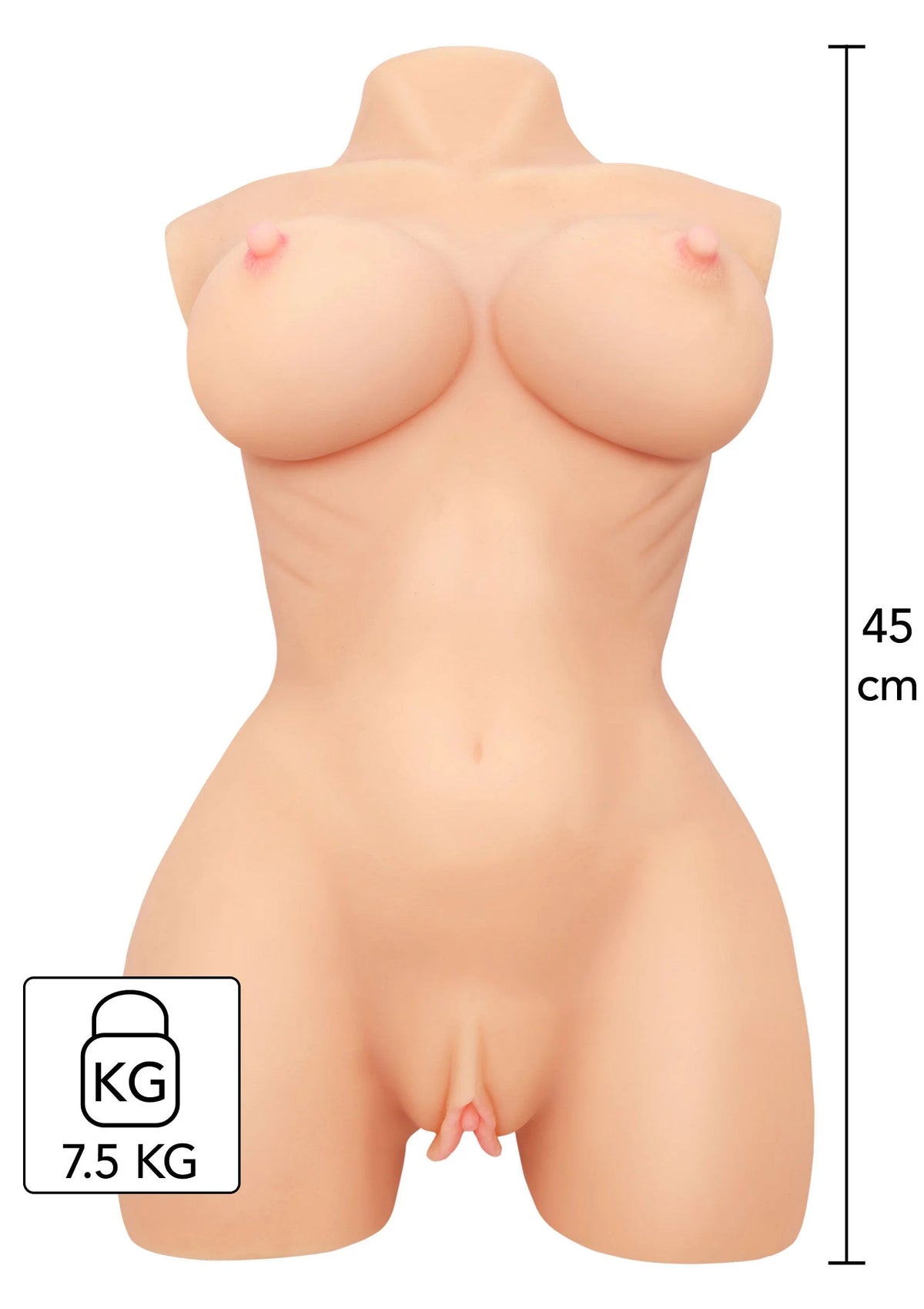 Naakte siliconen torso, frontaanzicht met 45 cm maataanduiding en 7,5 kg label