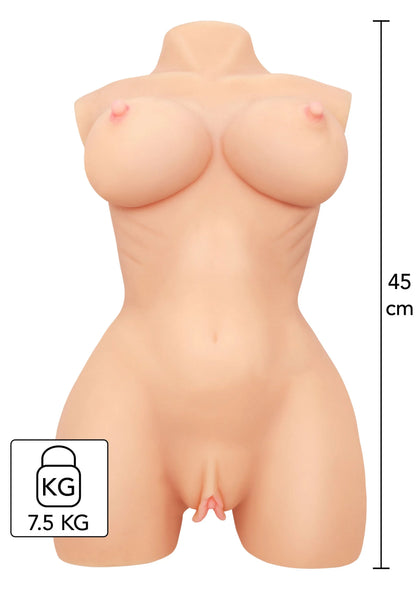 Naakte siliconen torso, frontaanzicht met 45 cm maataanduiding en 7,5 kg label