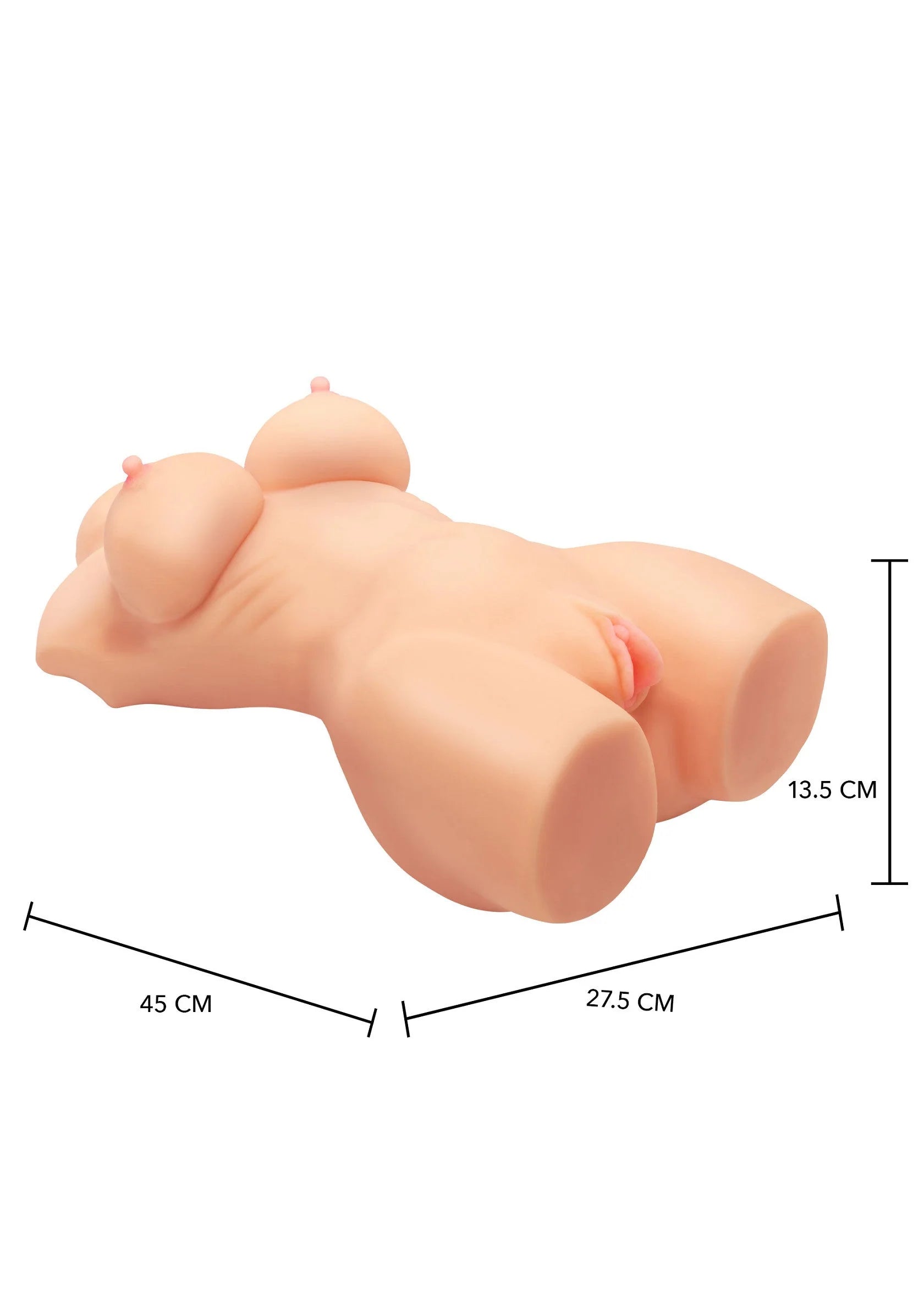 Naakte siliconen torso in liggend zijaanzicht, maatlijnen 45 cm en 27,5 cm