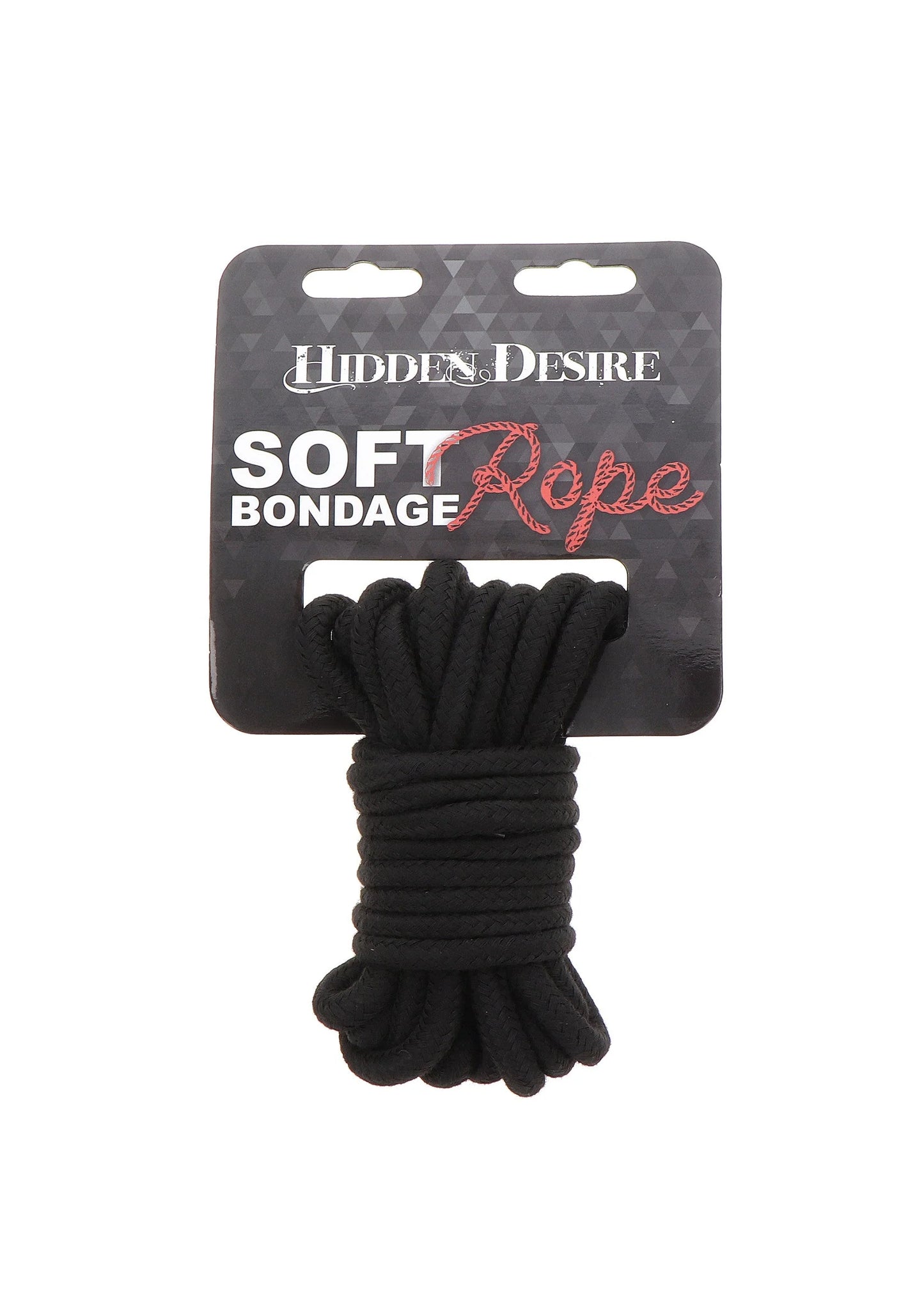 Zwarte soft bondage rope van Hidden Desire, op kaart met ophanglus