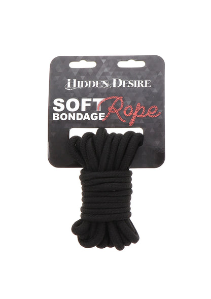 Zwarte soft bondage rope van Hidden Desire, op kaart met ophanglus