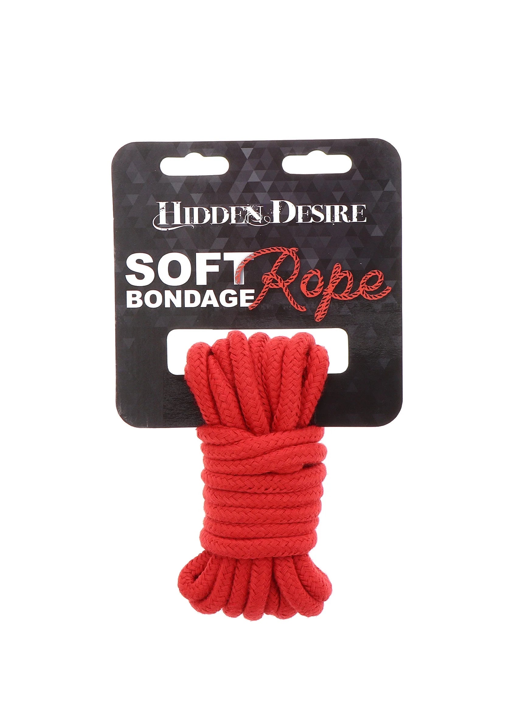 Rode soft bondage rope van Hidden Desire, op kaart met ophangoog