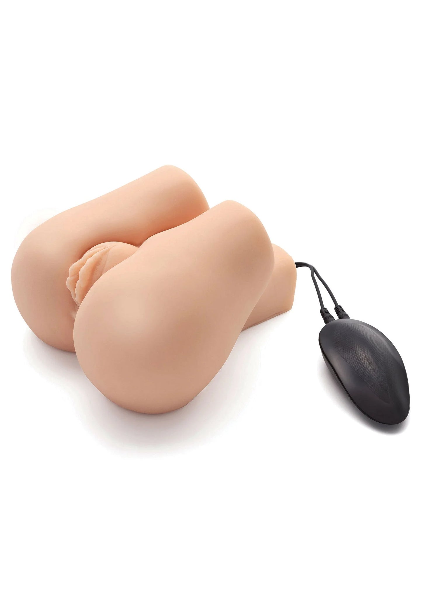 Vibrerende masturbator met zwarte bedieningsmodule, nude kleur, zijaanzicht