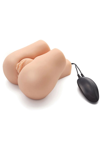 Vibrerende masturbator met zwarte bedieningsmodule, nude kleur, zijaanzicht