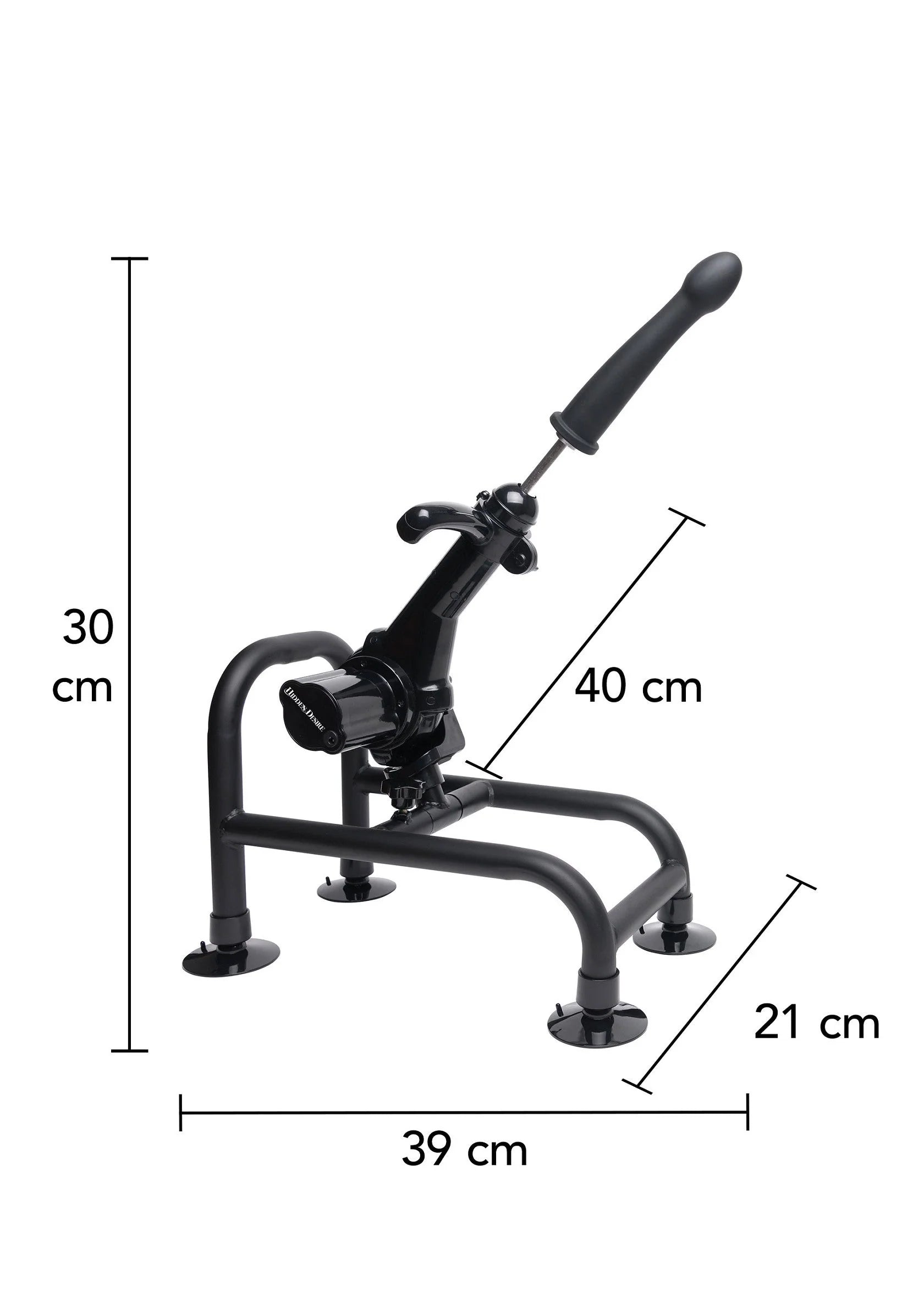 Zwarte seksmachine met afmetingen: 39 cm breed, 40 cm lang, 30 cm hoog