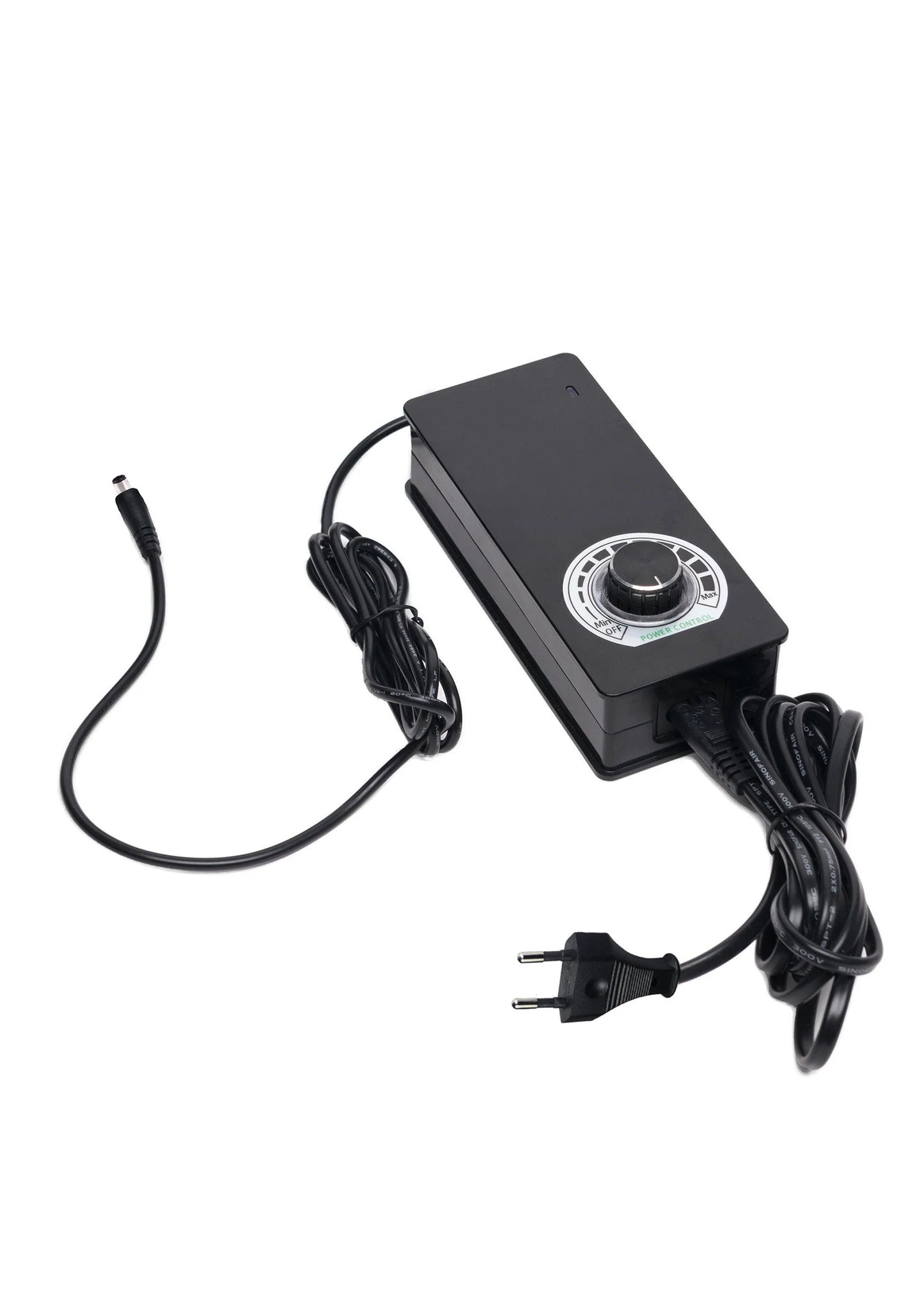 Zwarte regelbox/adapter met draaiknop en aangesloten netsnoer