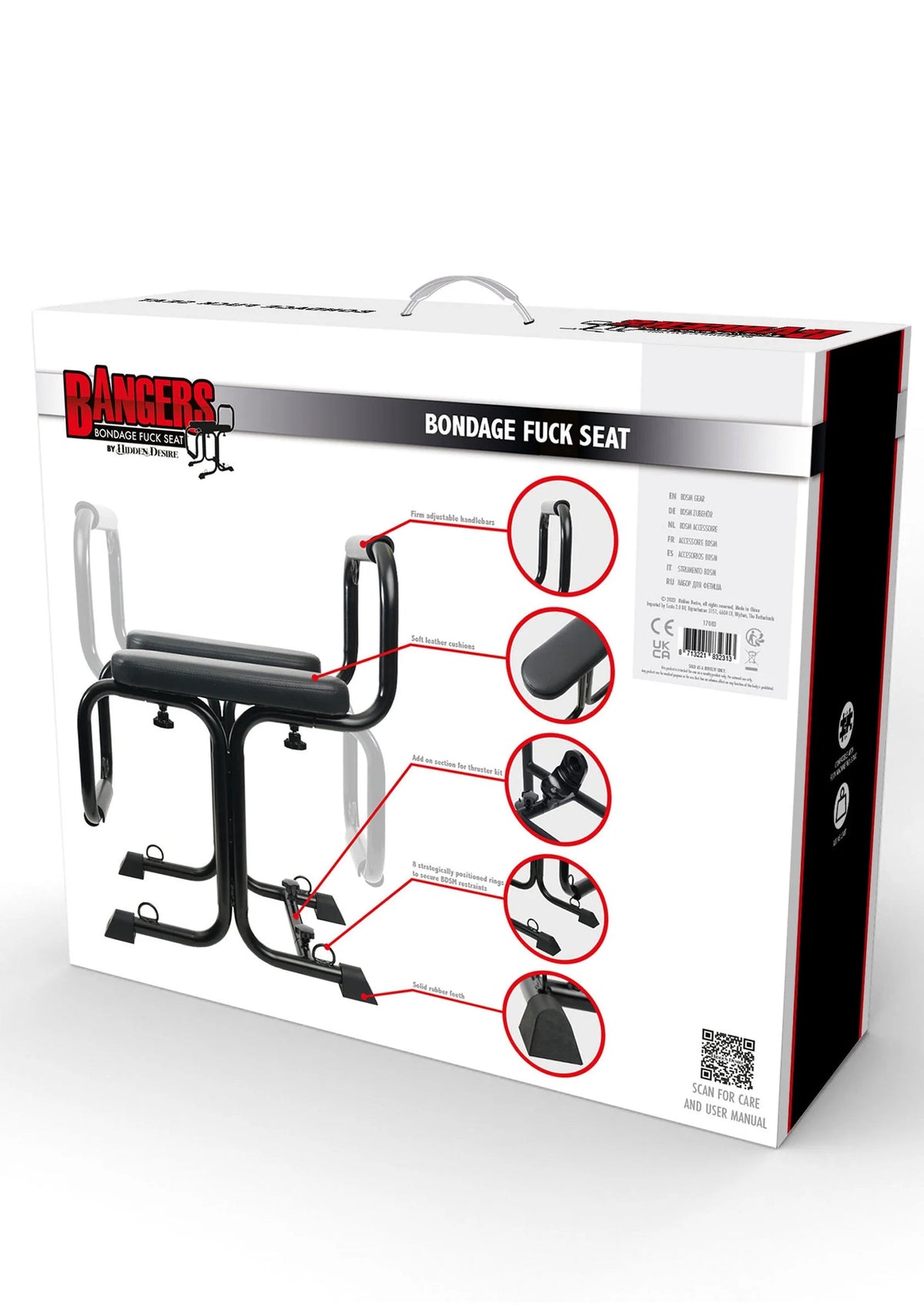 Verpakking van Hidden Desire bondage-zitstoel met zwart frame en gevoerde kussens