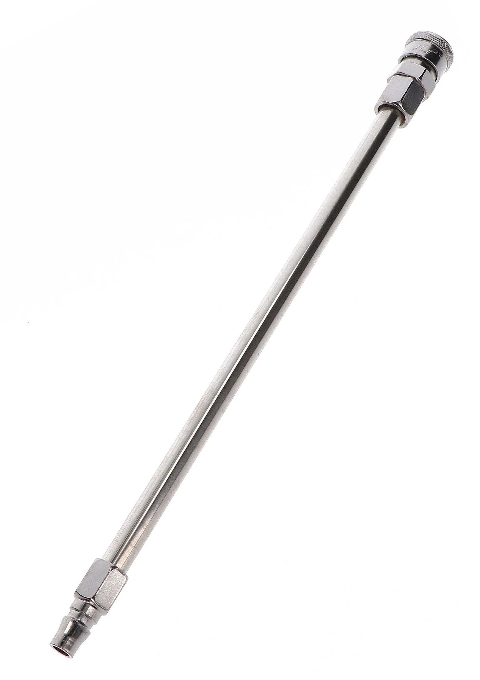 Lange metalen verlengstang met schroefachtige koppelstukken aan het uiteinde.