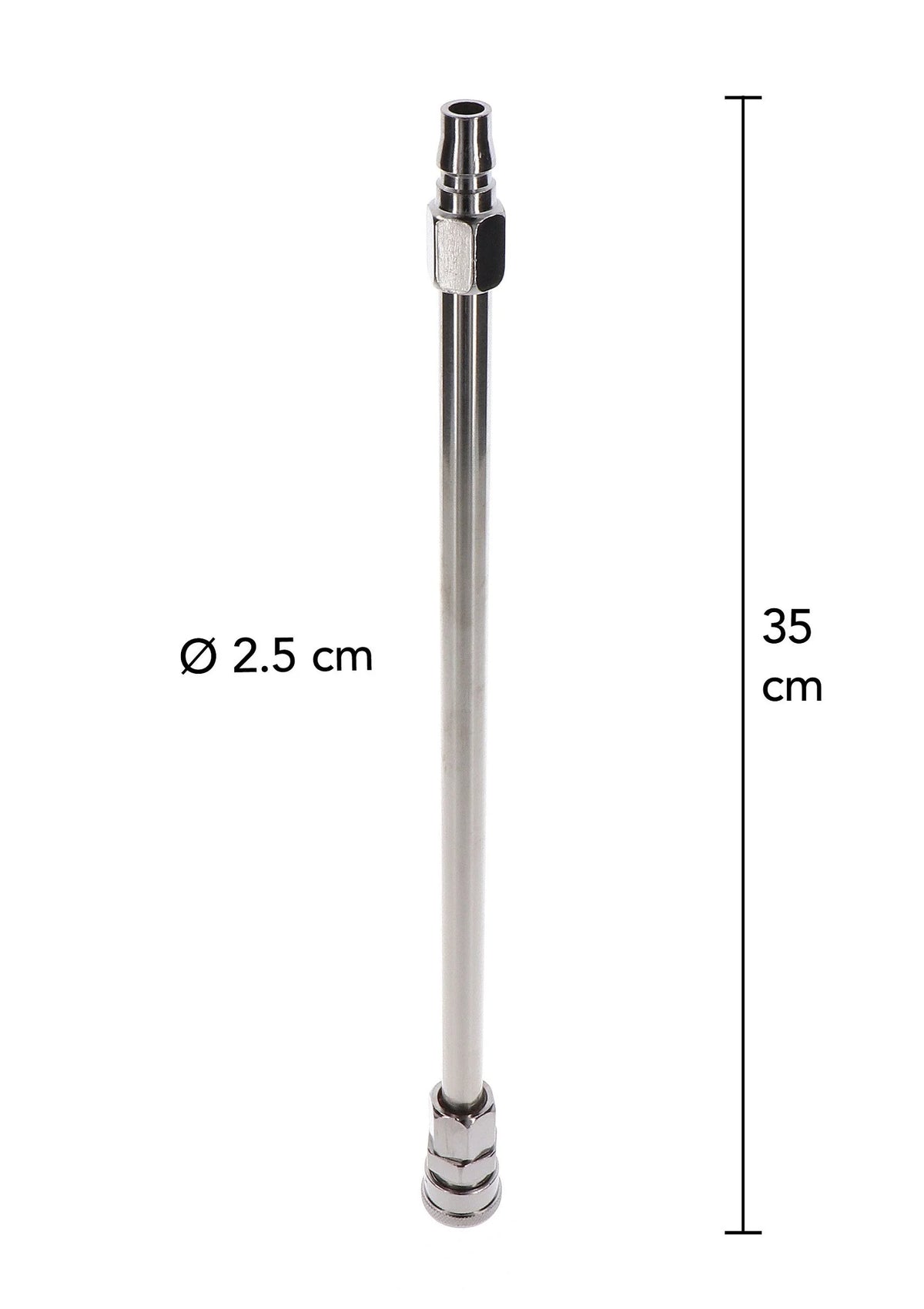 Metalen verlengstang met afmeting 35 cm en diameter 2,5 cm vermeld.