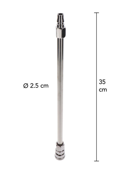 Metalen verlengstang met afmeting 35 cm en diameter 2,5 cm vermeld.