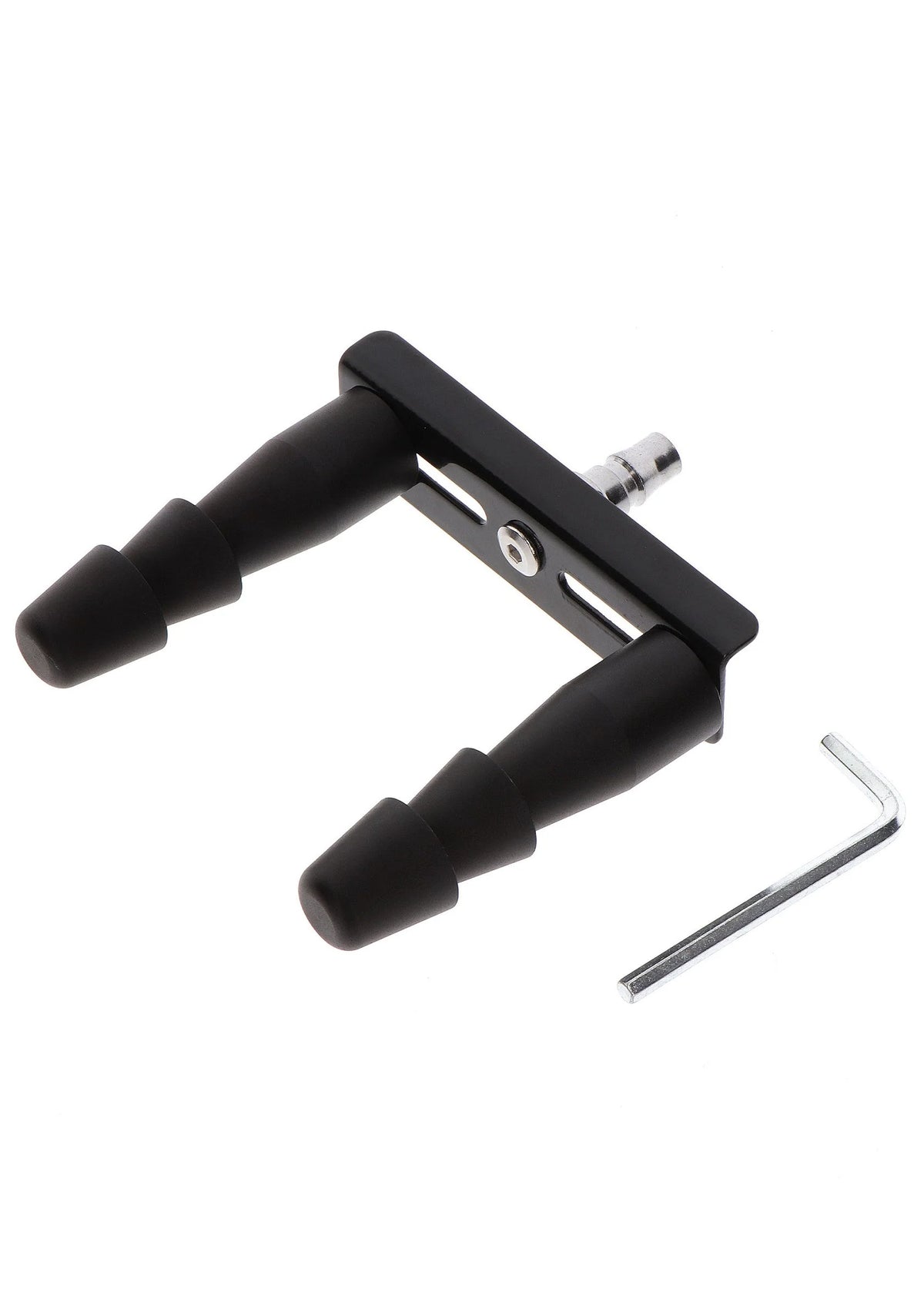 Dubbele vacuümvergrendelingsadapter met twee zwarte kappen, metalen rail en inbussleutel