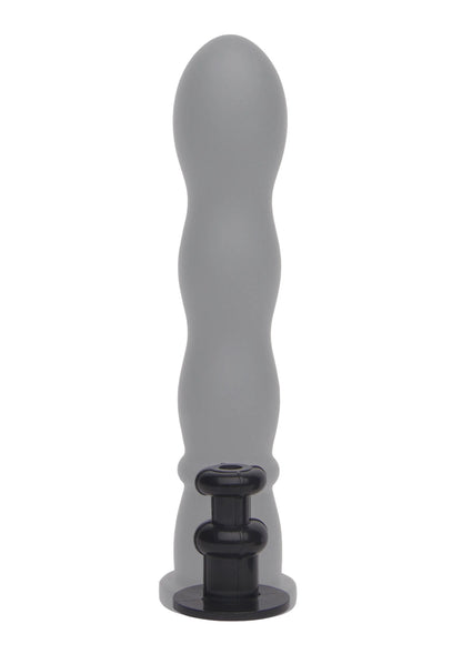 Grijze siliconen vibrator met gebogen golfvorm en Easy-Lock basisvoet