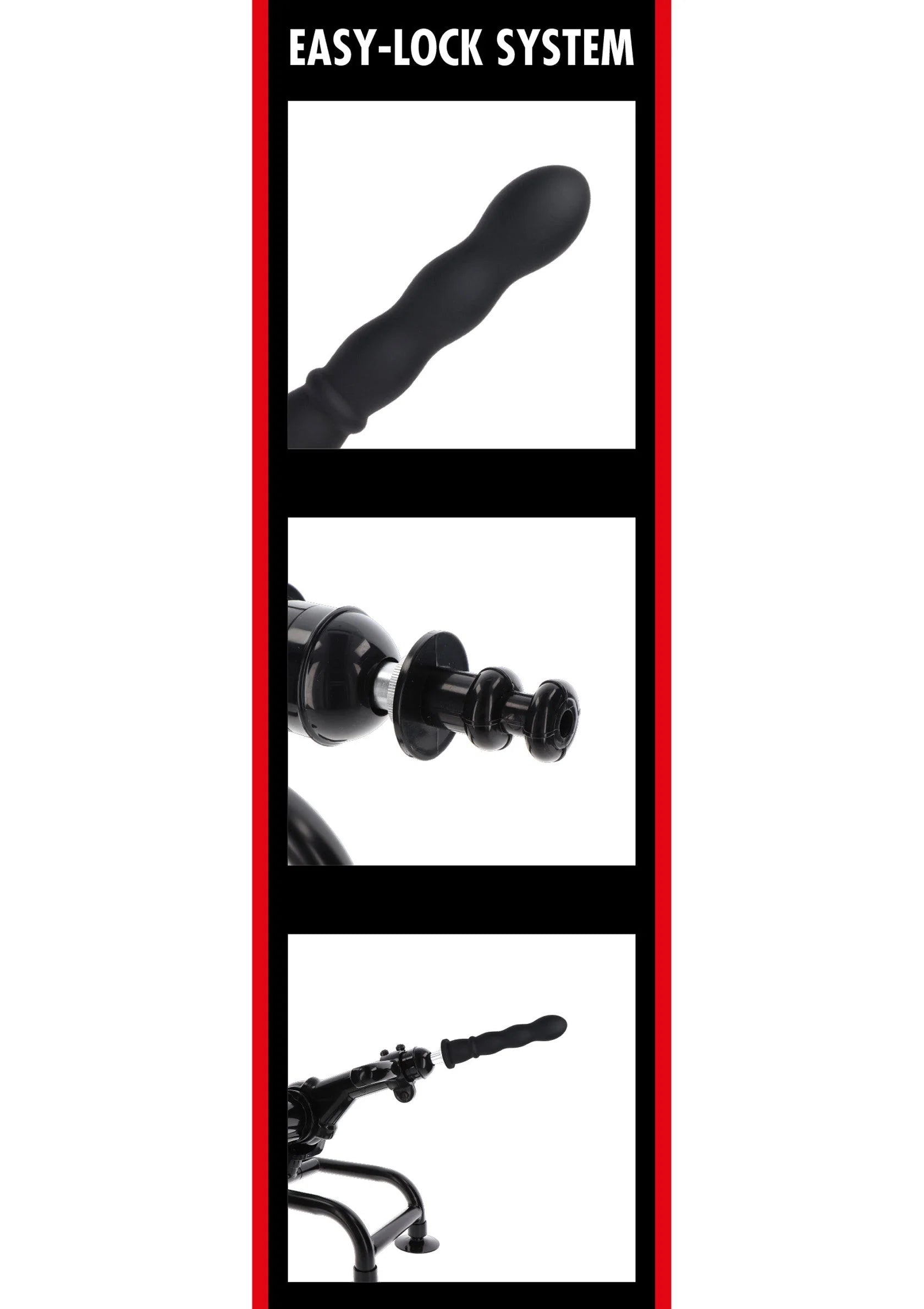 Verpakking met Easy-Lock systeem en zwarte dildo/vibrator met brede voet