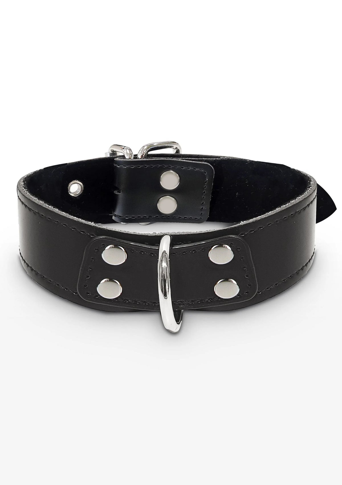 zwarte D-ring halsband met twee riemgespen en ronde metalen ooglets