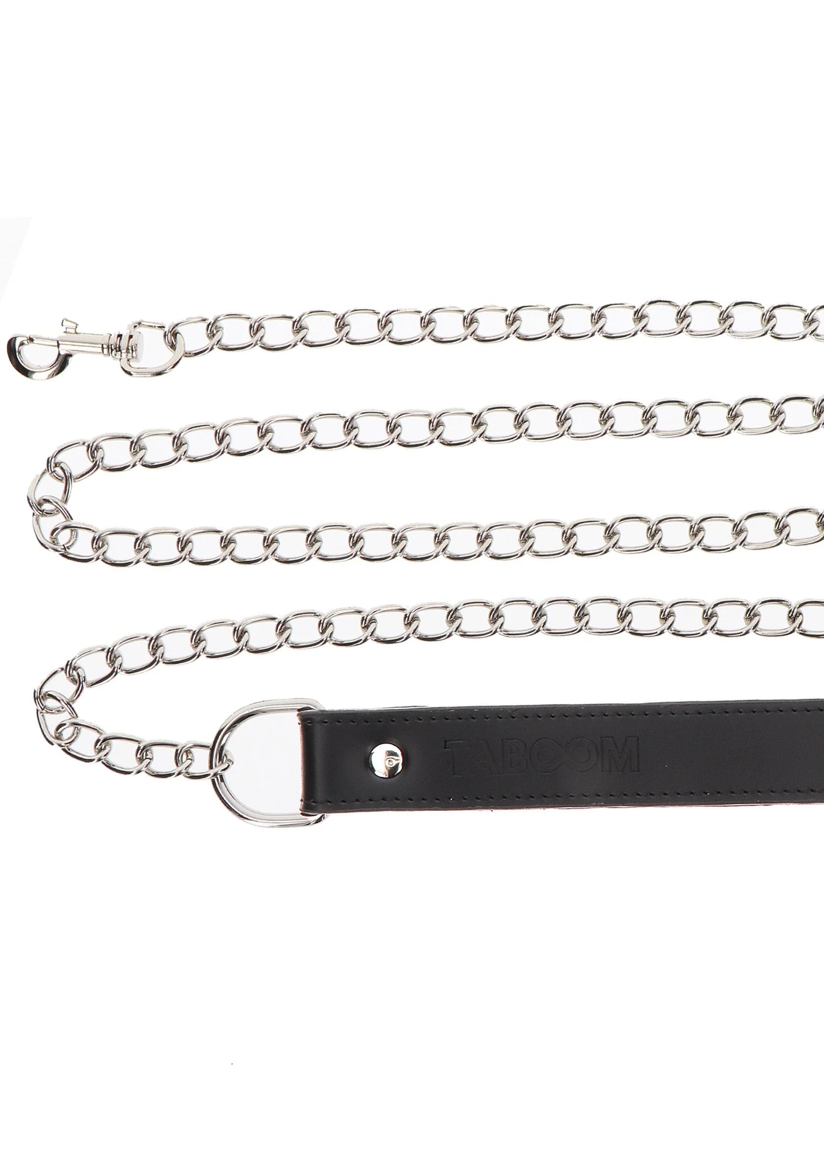 Zilveren kettingleiband met zwarte leren band en metalen karabijn, productfoto