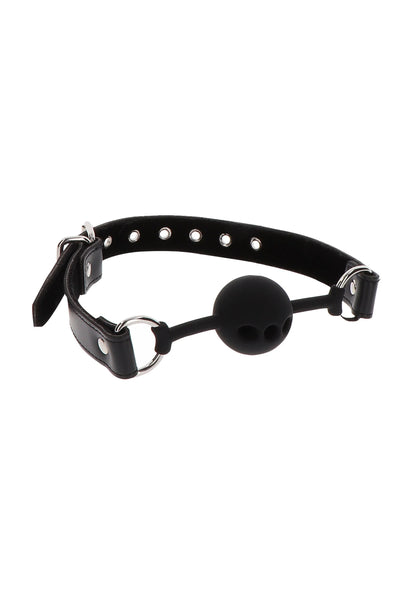 Zwarte siliconen ball gag met riemen en ronde bal, vooraanzicht