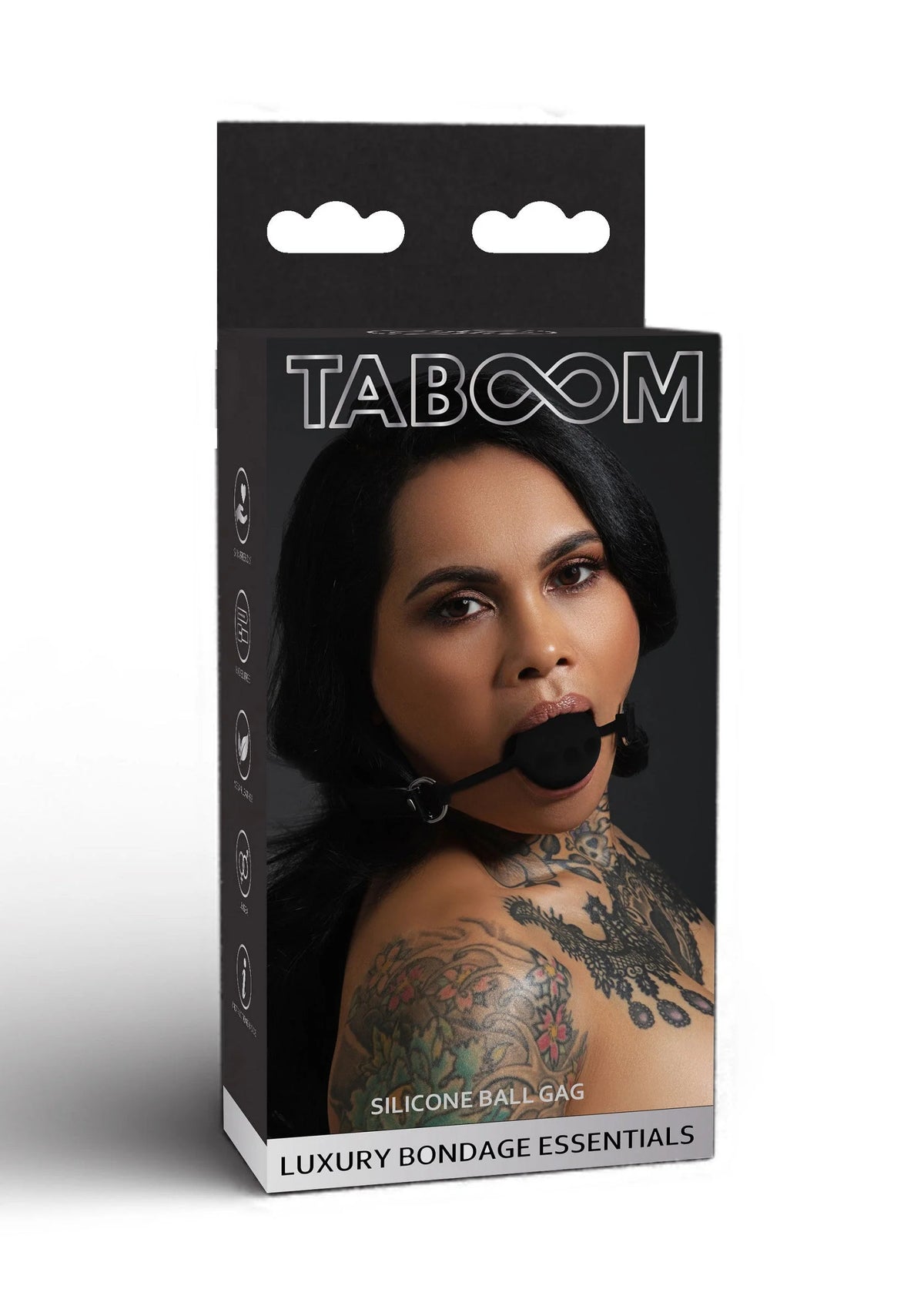 Taboom siliconen ball gag verpakking met riem en zwarte vormgeving