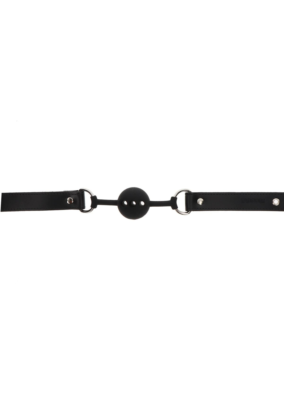 Zwarte siliconen ball gag met riemen en ronde bal, breed zijaanzicht